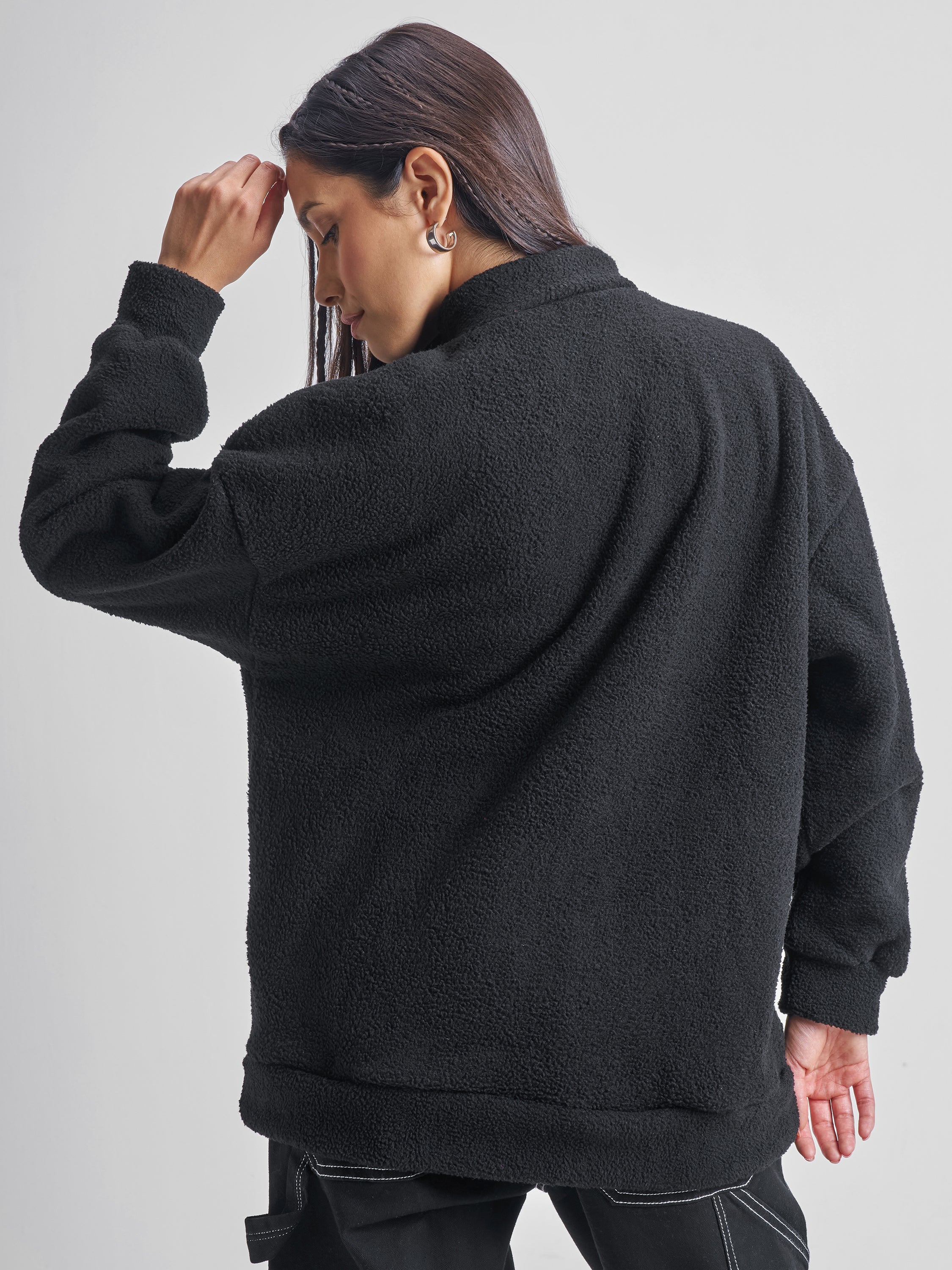 Tokyo Talkies Women Black Solid Pullover High Neck Sweatshirt - Black - Image 3