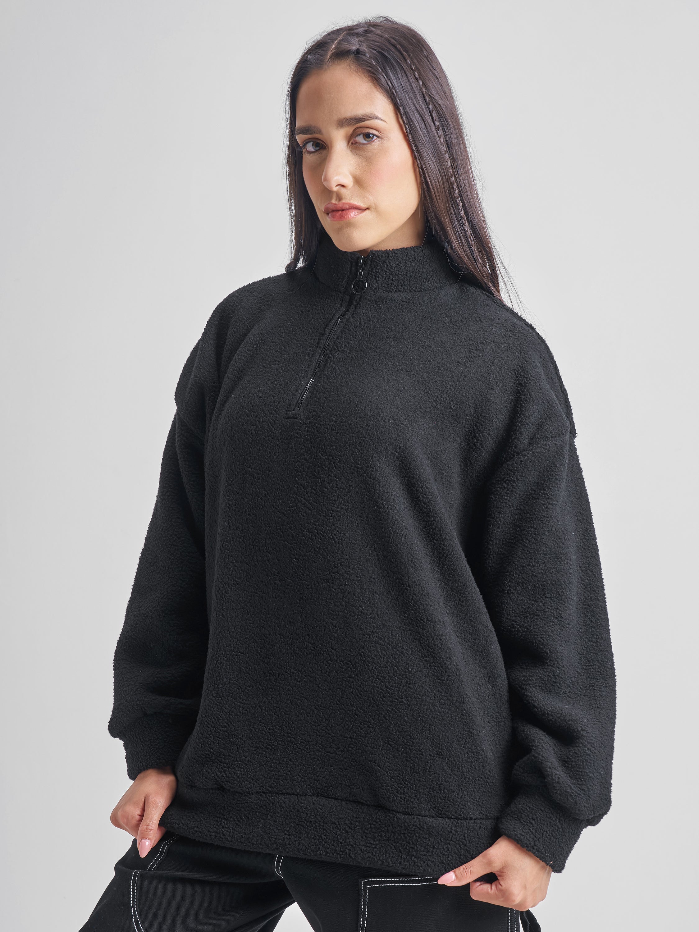 Tokyo Talkies Women Black Solid Pullover High Neck Sweatshirt - Black - Image 4