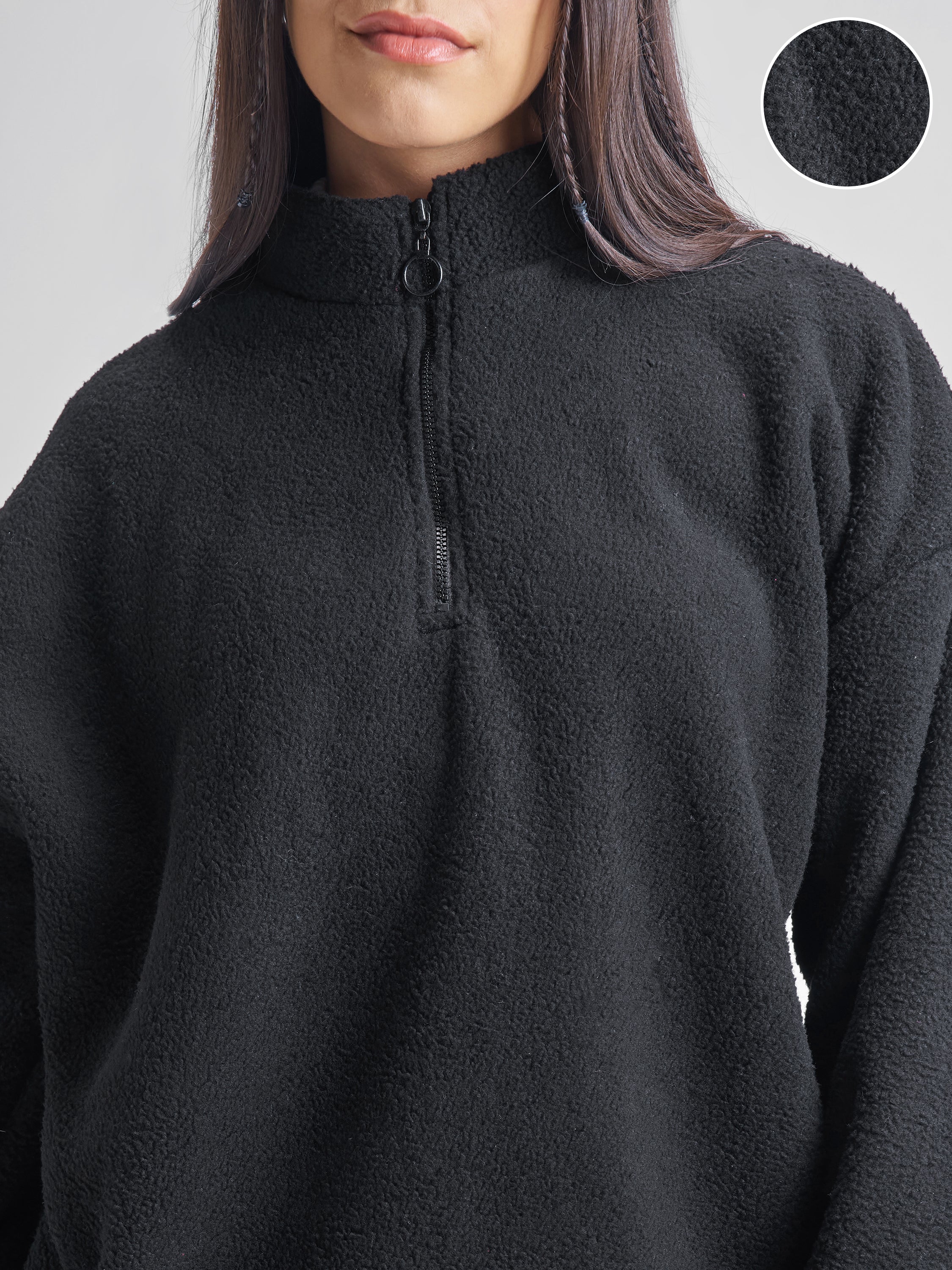 Tokyo Talkies Women Black Solid Pullover High Neck Sweatshirt - Black - Image 5