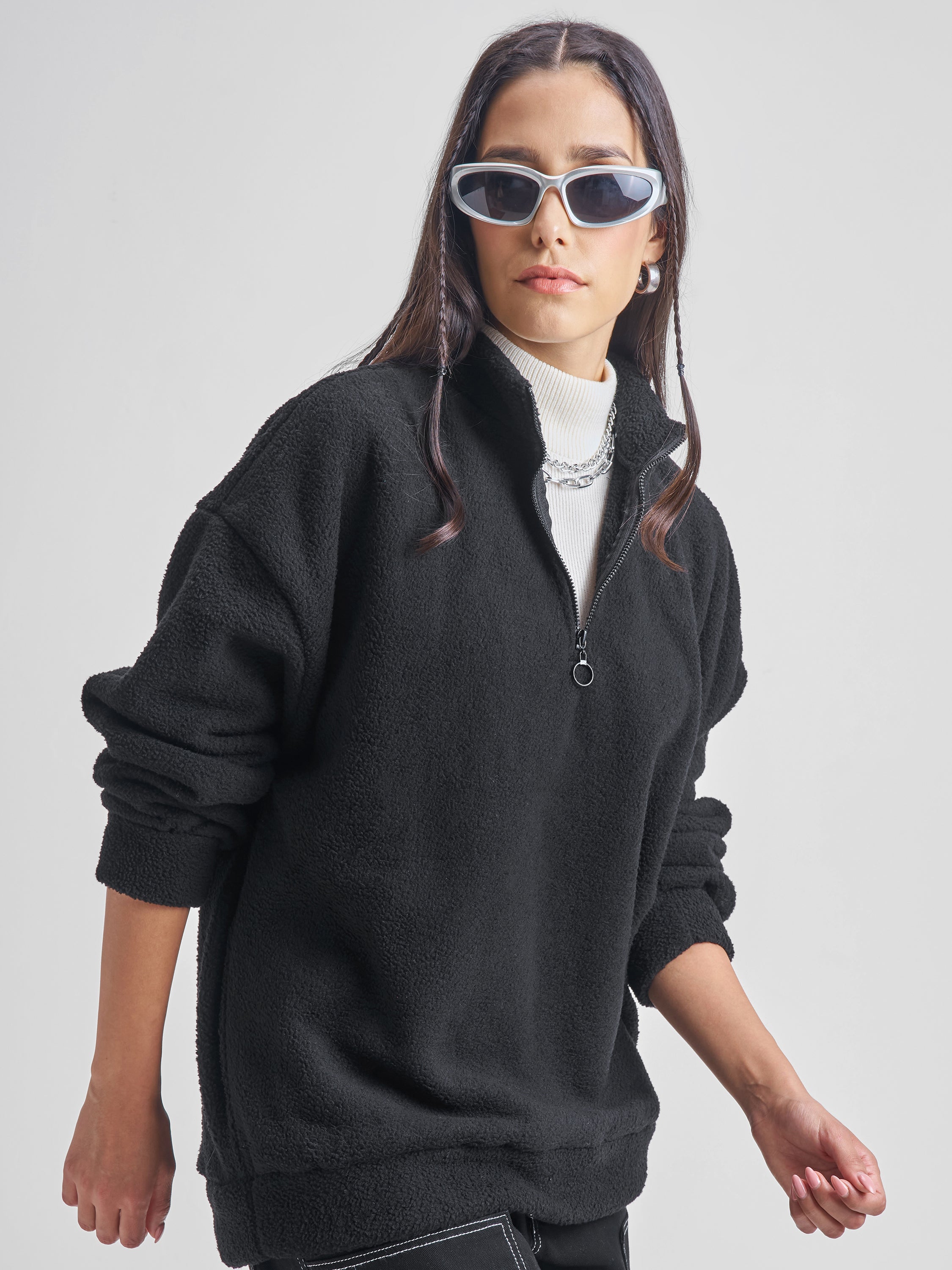 Tokyo Talkies Women Black Solid Pullover High Neck Sweatshirt - Black - Image 6