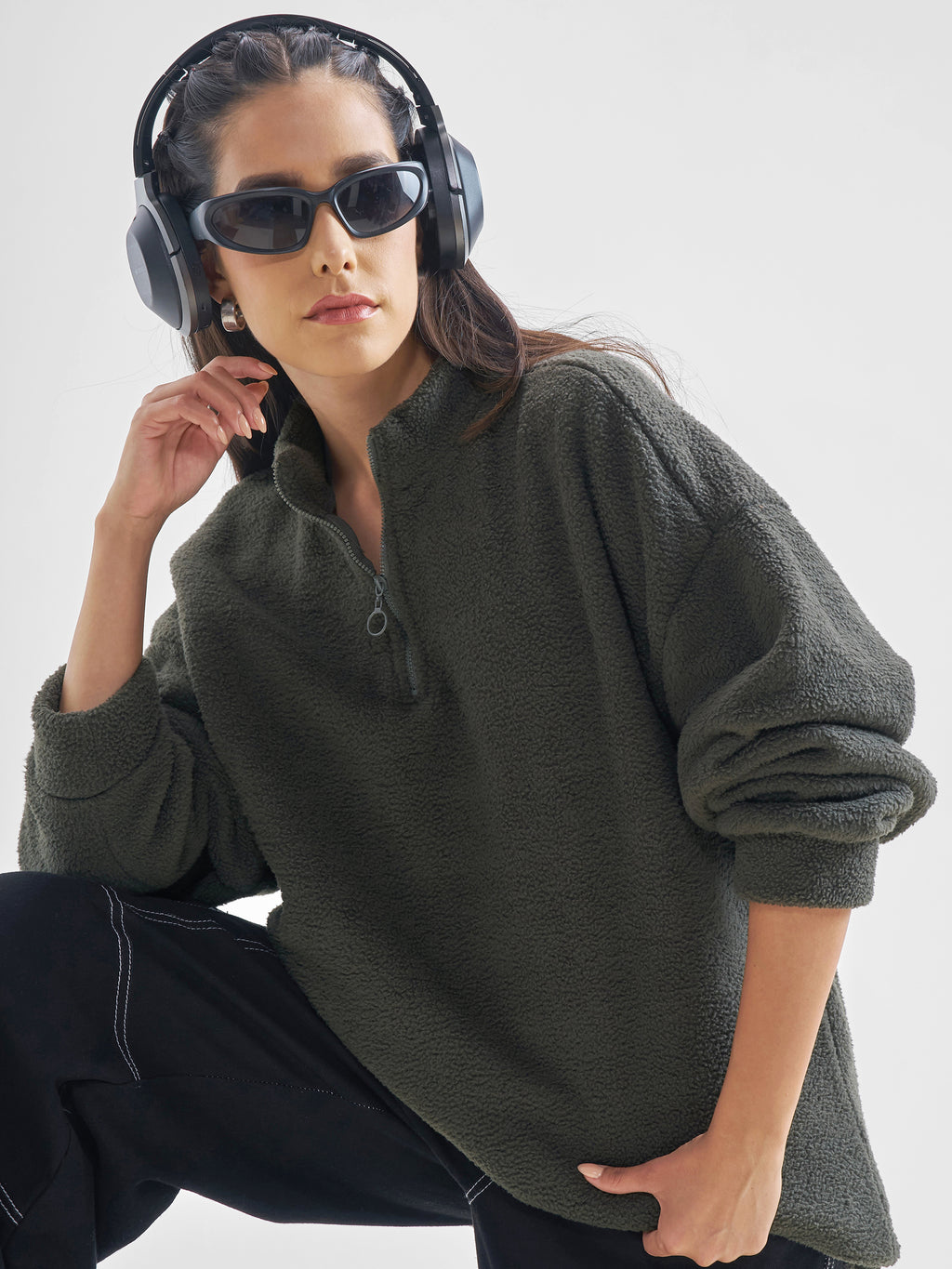 Tokyo Talkies Women Grey Solid Pullover High Neck Sweatshirt - Grey - Image 1