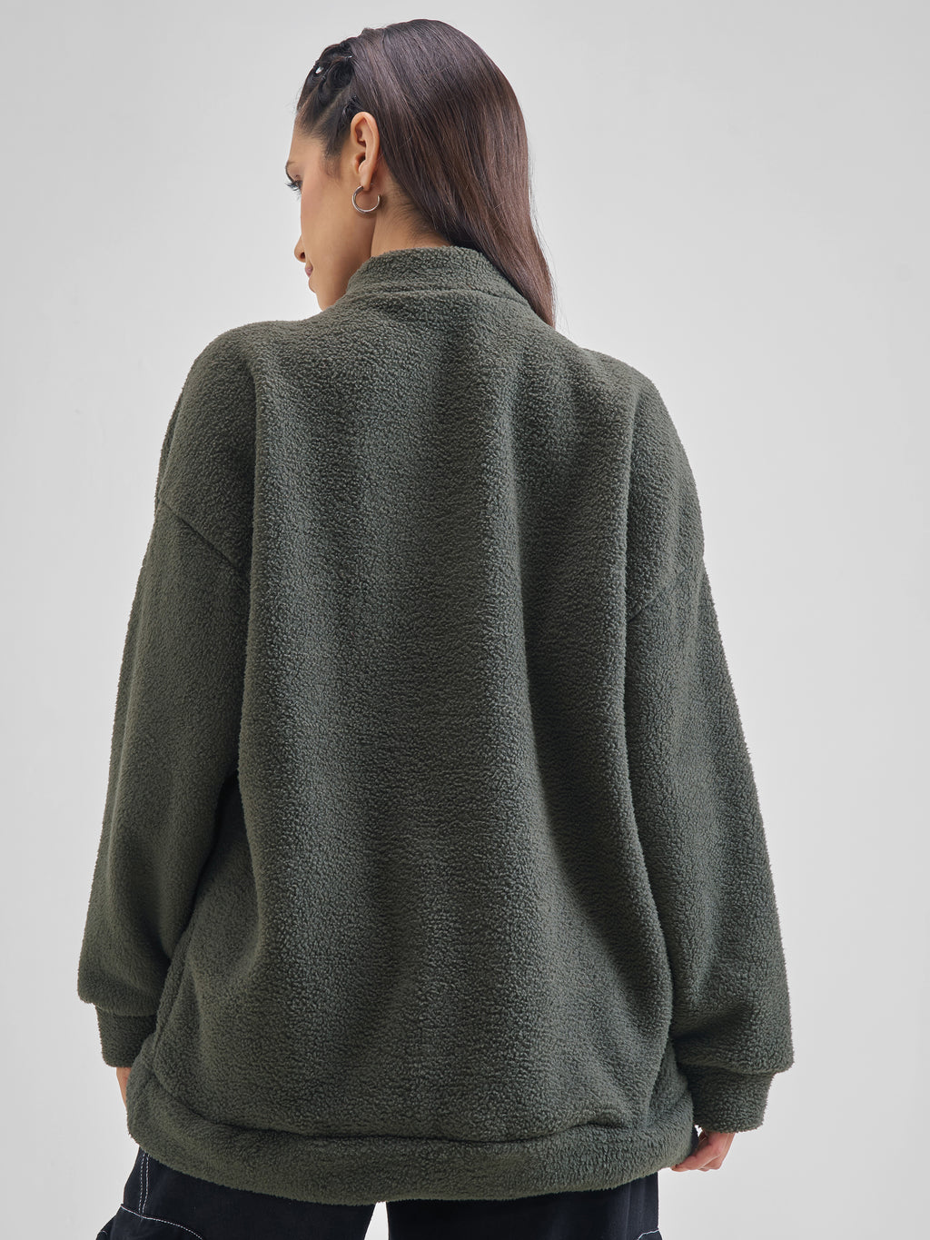 Tokyo Talkies Women Grey Solid Pullover High Neck Sweatshirt - Grey - Image 3