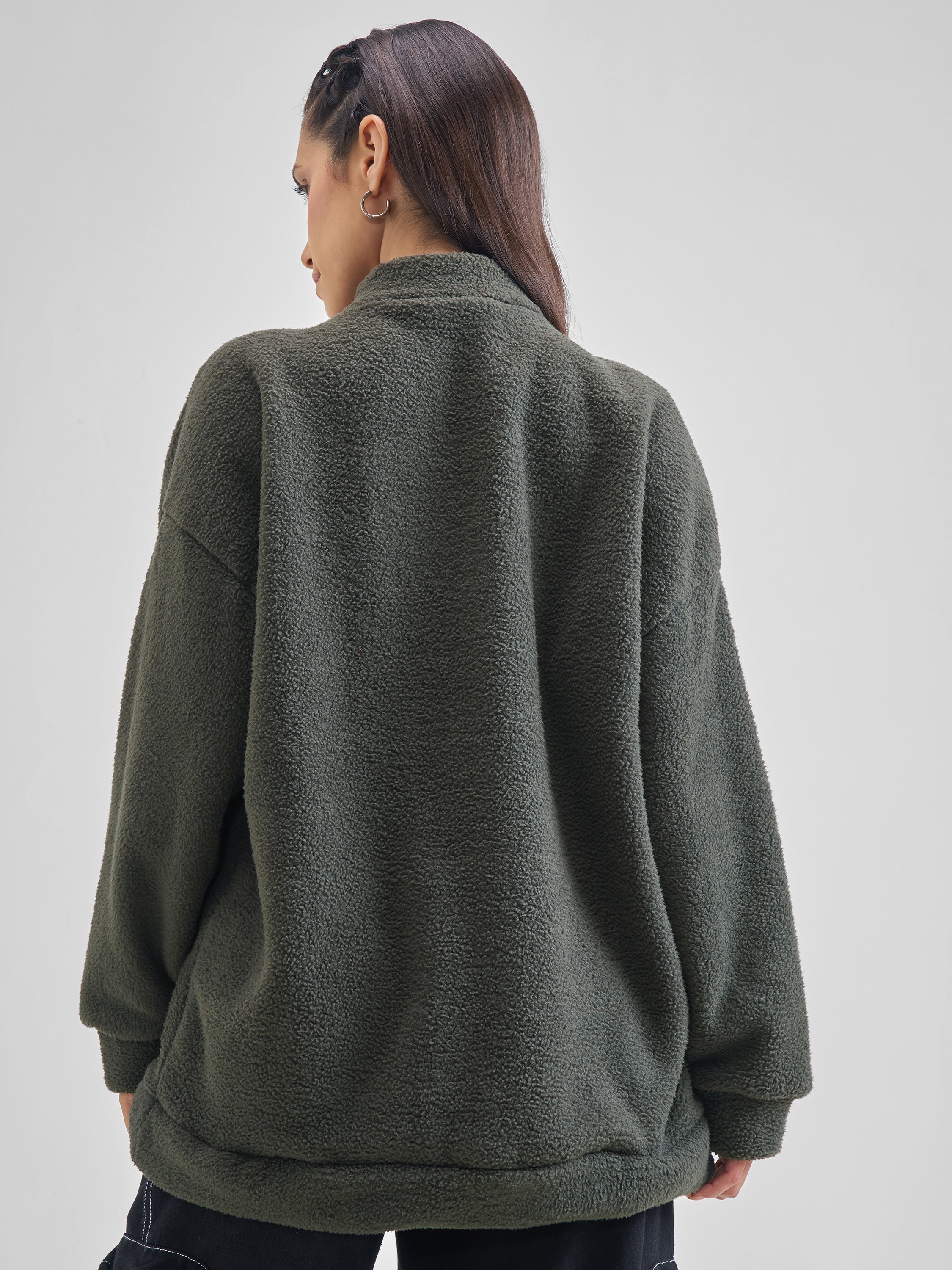 Tokyo Talkies Women Grey Solid Pullover High Neck Sweatshirt - Grey - Image 3