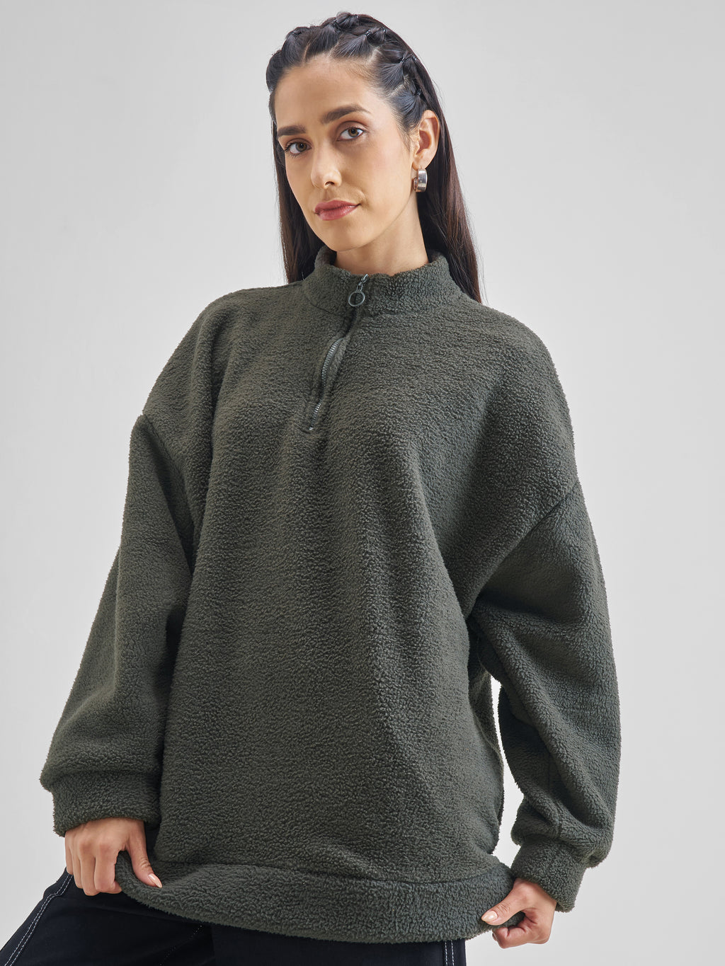Tokyo Talkies Women Grey Solid Pullover High Neck Sweatshirt - Grey - Image 4