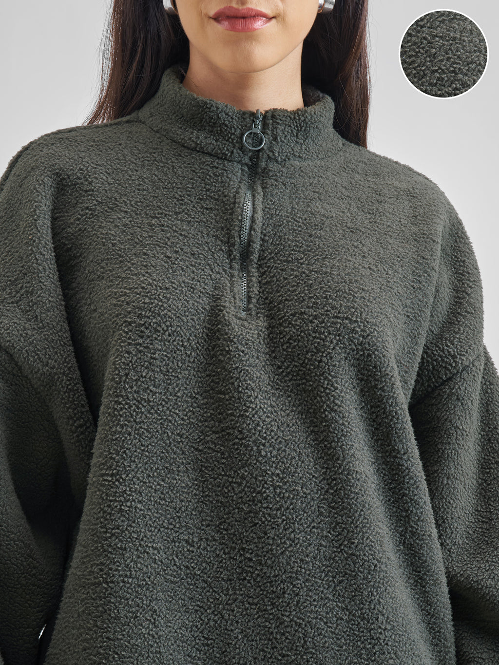 Tokyo Talkies Women Grey Solid Pullover High Neck Sweatshirt - Grey - Image 5