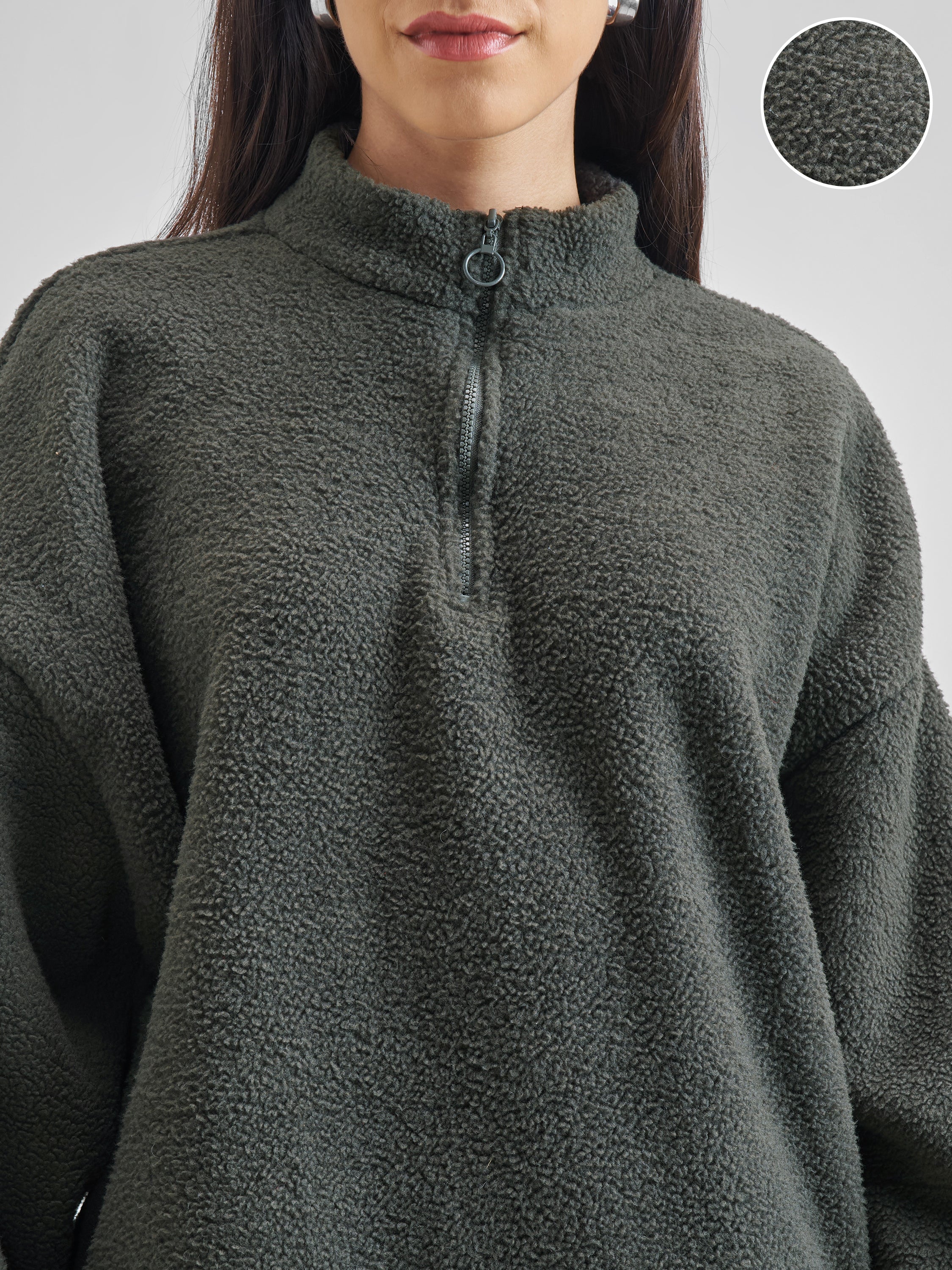 Tokyo Talkies Women Grey Solid Pullover High Neck Sweatshirt - Grey - Image 5