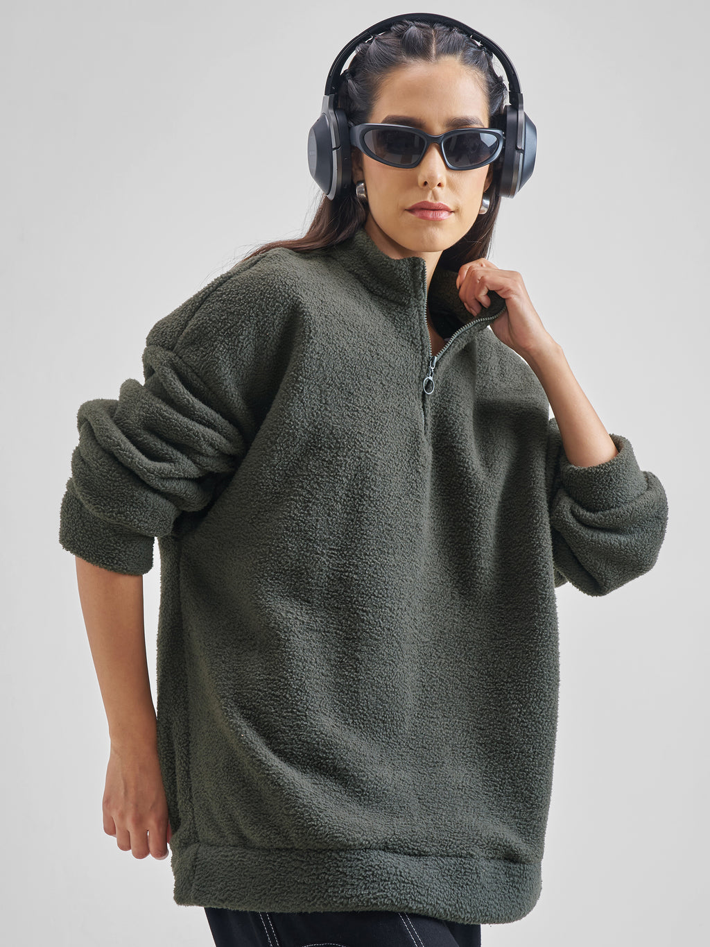 Tokyo Talkies Women Grey Solid Pullover High Neck Sweatshirt - Grey - Image 6