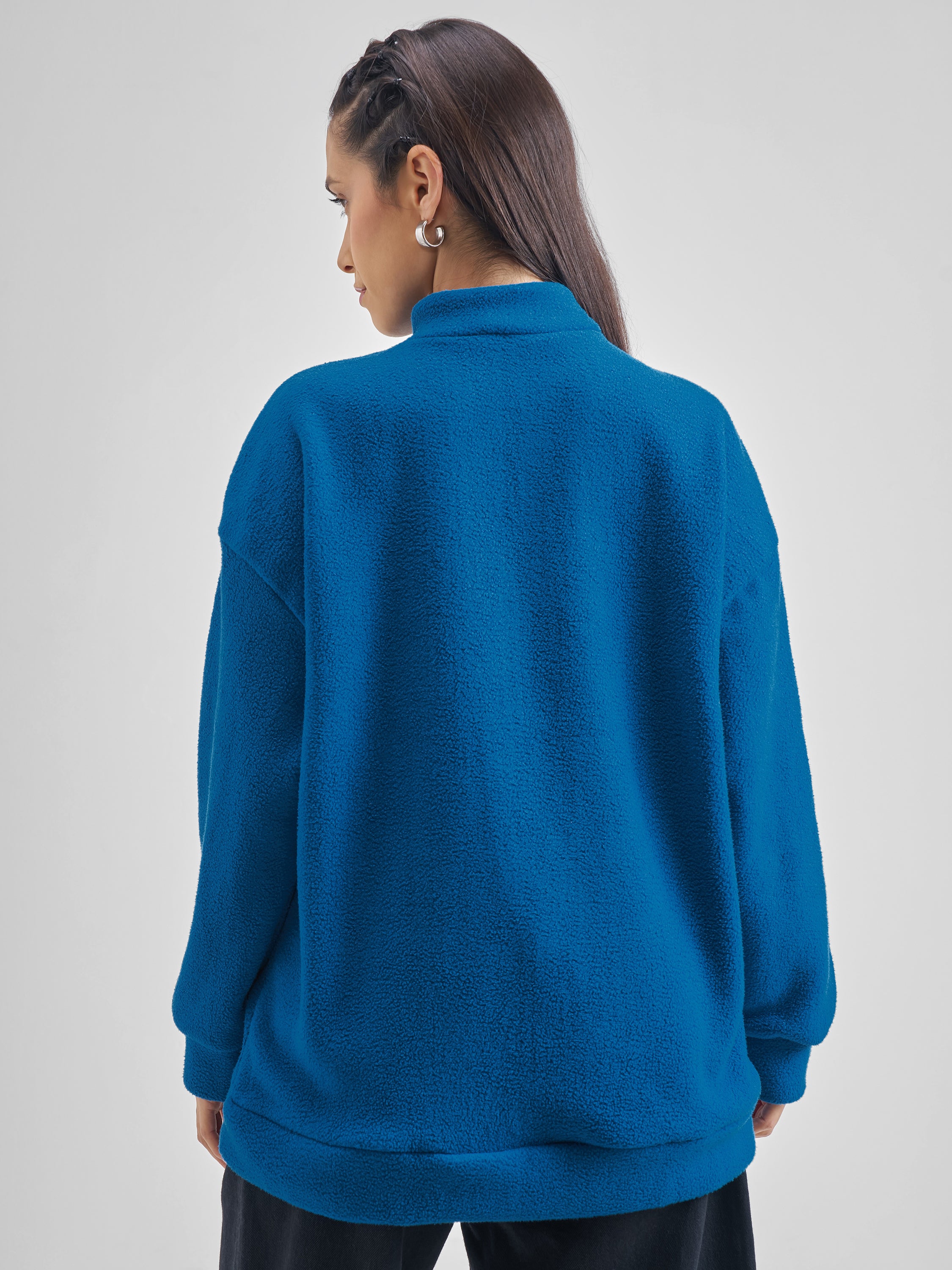 Tokyo Talkies Women Teal Solid Pullover High Neck Sweatshirt - Teal - Image 3