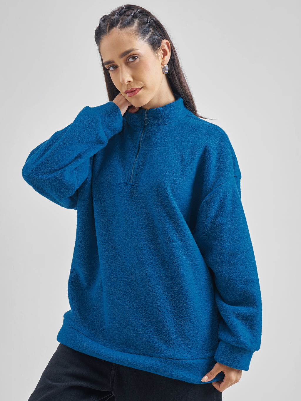 Tokyo Talkies Women Teal Solid Pullover High Neck Sweatshirt - Teal - Image 4