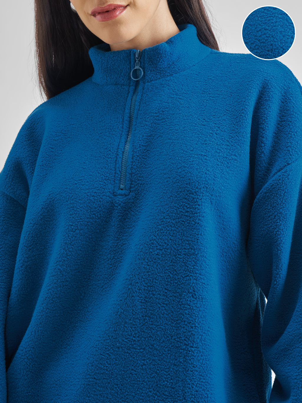 Tokyo Talkies Women Teal Solid Pullover High Neck Sweatshirt - Teal - Image 5