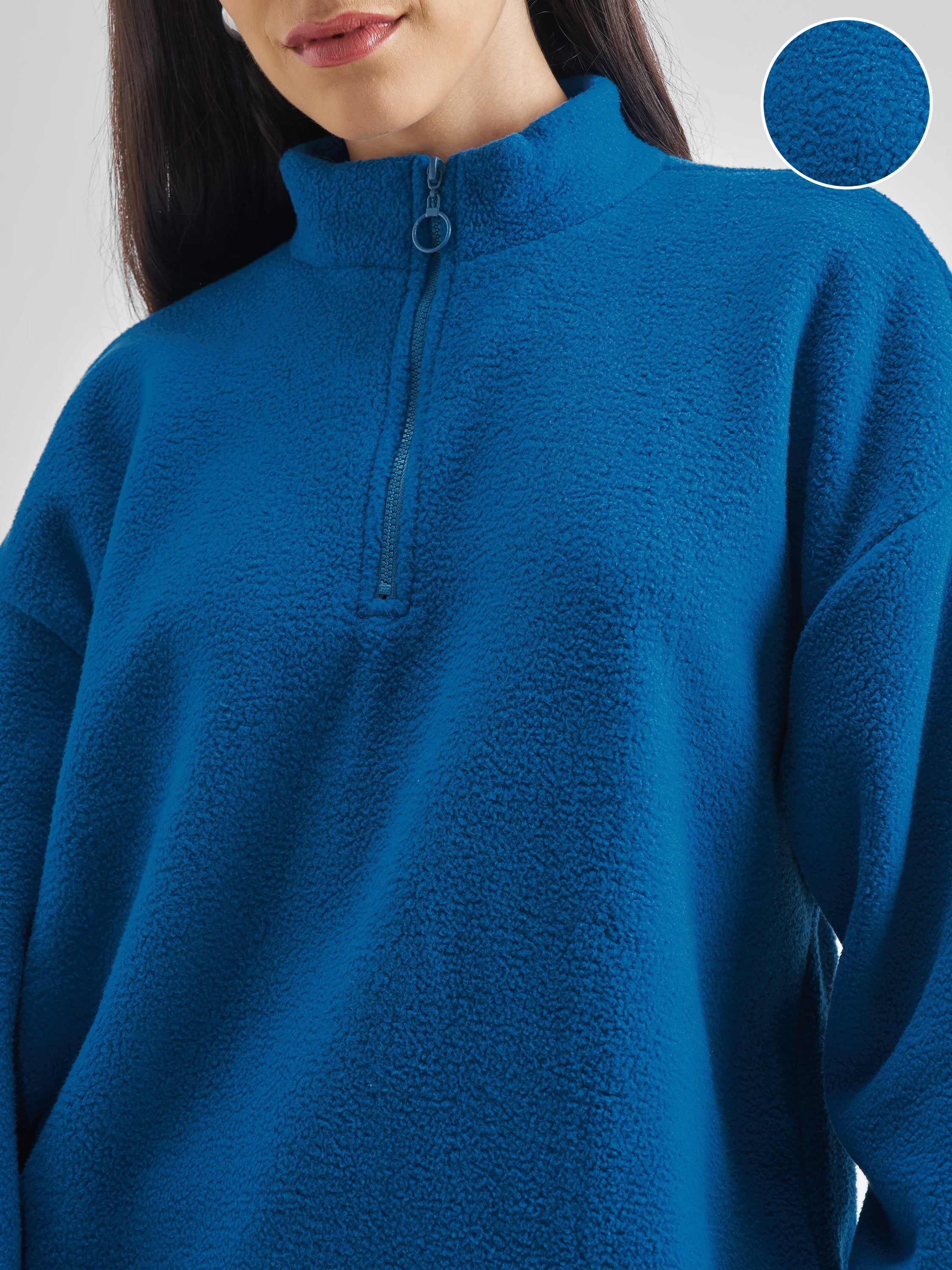 Tokyo Talkies Women Teal Solid Pullover High Neck Sweatshirt - Teal - Image 5