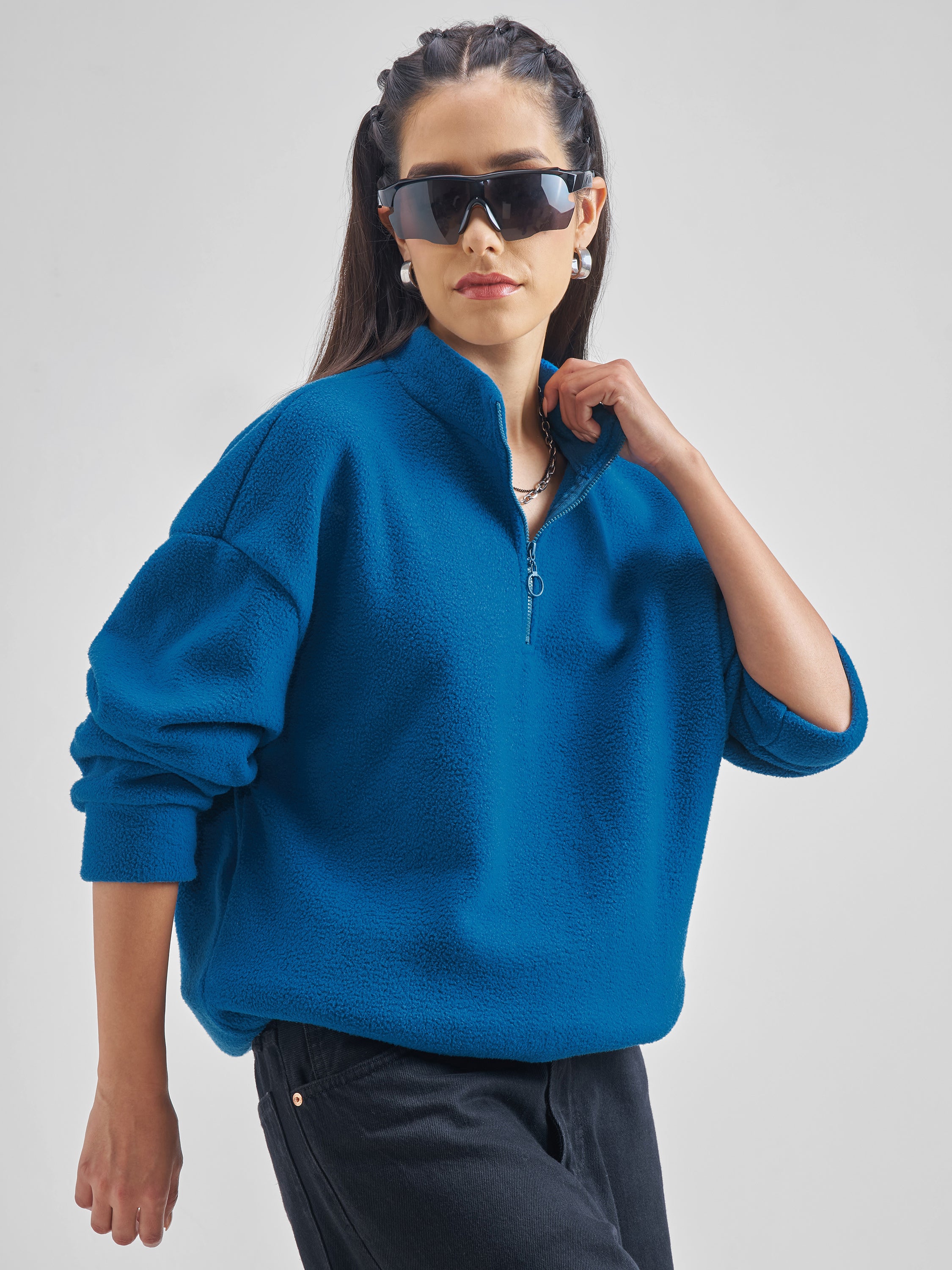 Tokyo Talkies Women Teal Solid Pullover High Neck Sweatshirt - Teal - Image 6