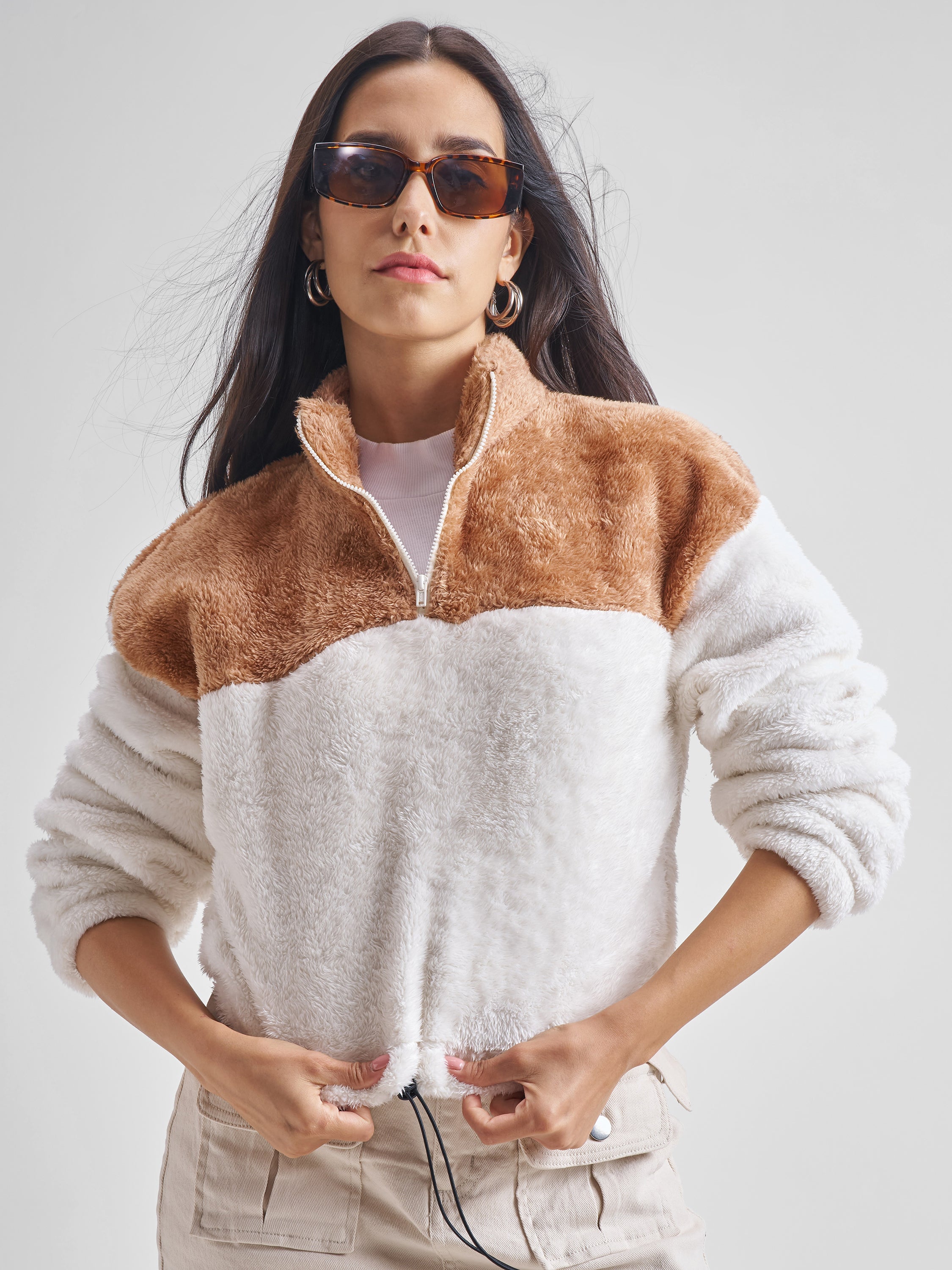 Tokyo Talkies Women White Solid Pullover High Neck Sweatshirt - White - Image 1