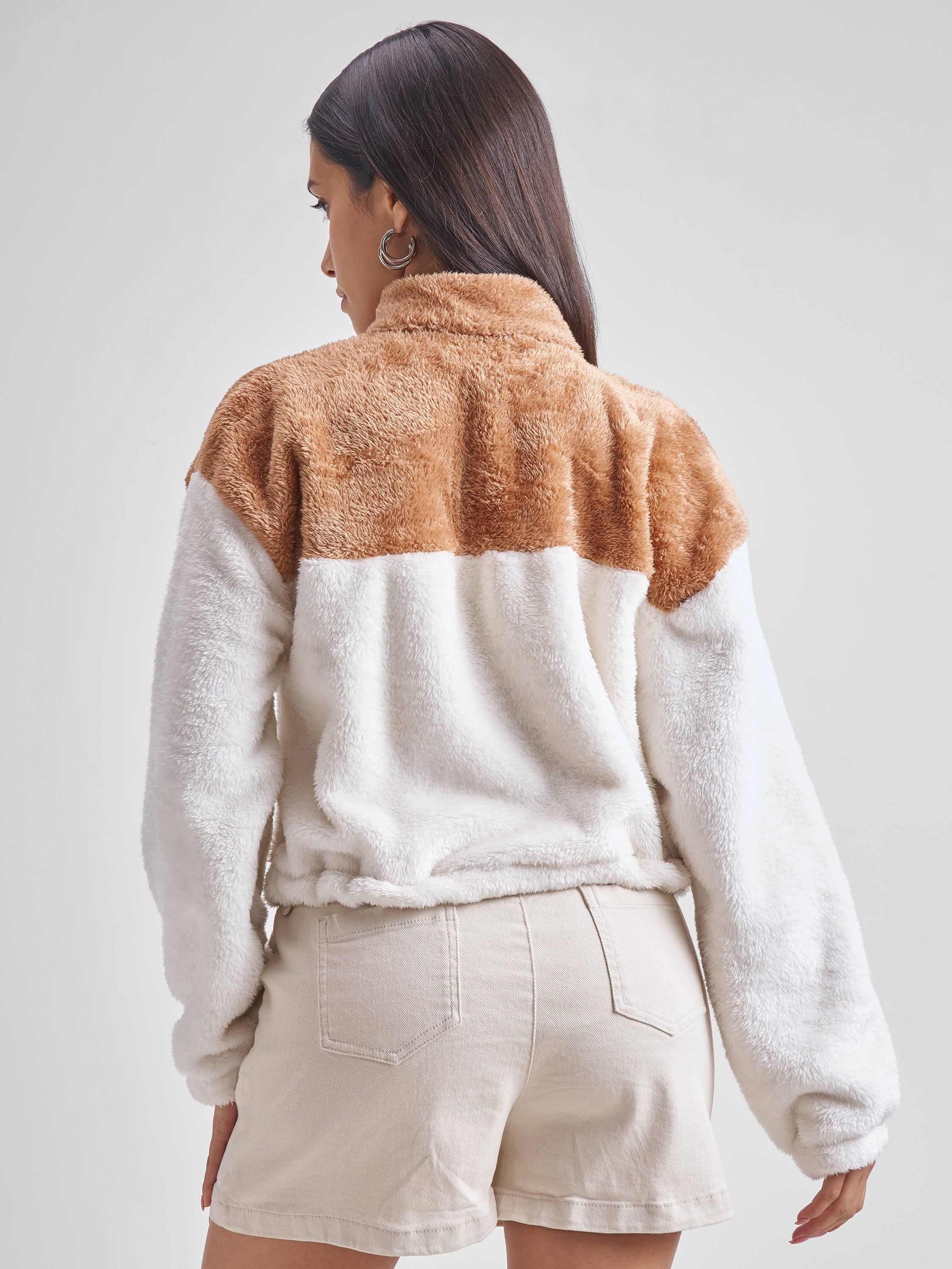Tokyo Talkies Women White Solid Pullover High Neck Sweatshirt - White - Image 3