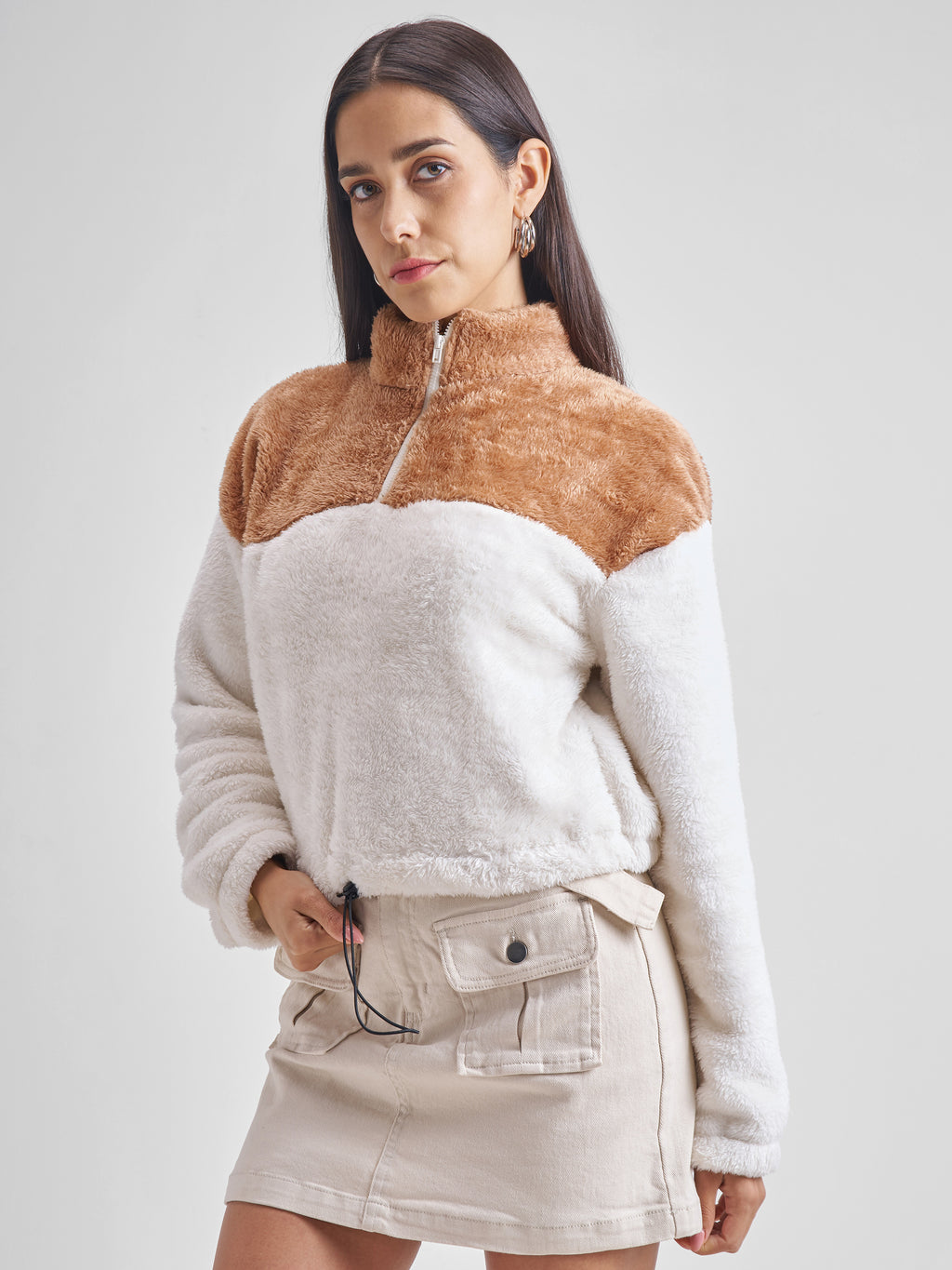 Tokyo Talkies Women White Solid Pullover High Neck Sweatshirt - White - Image 4