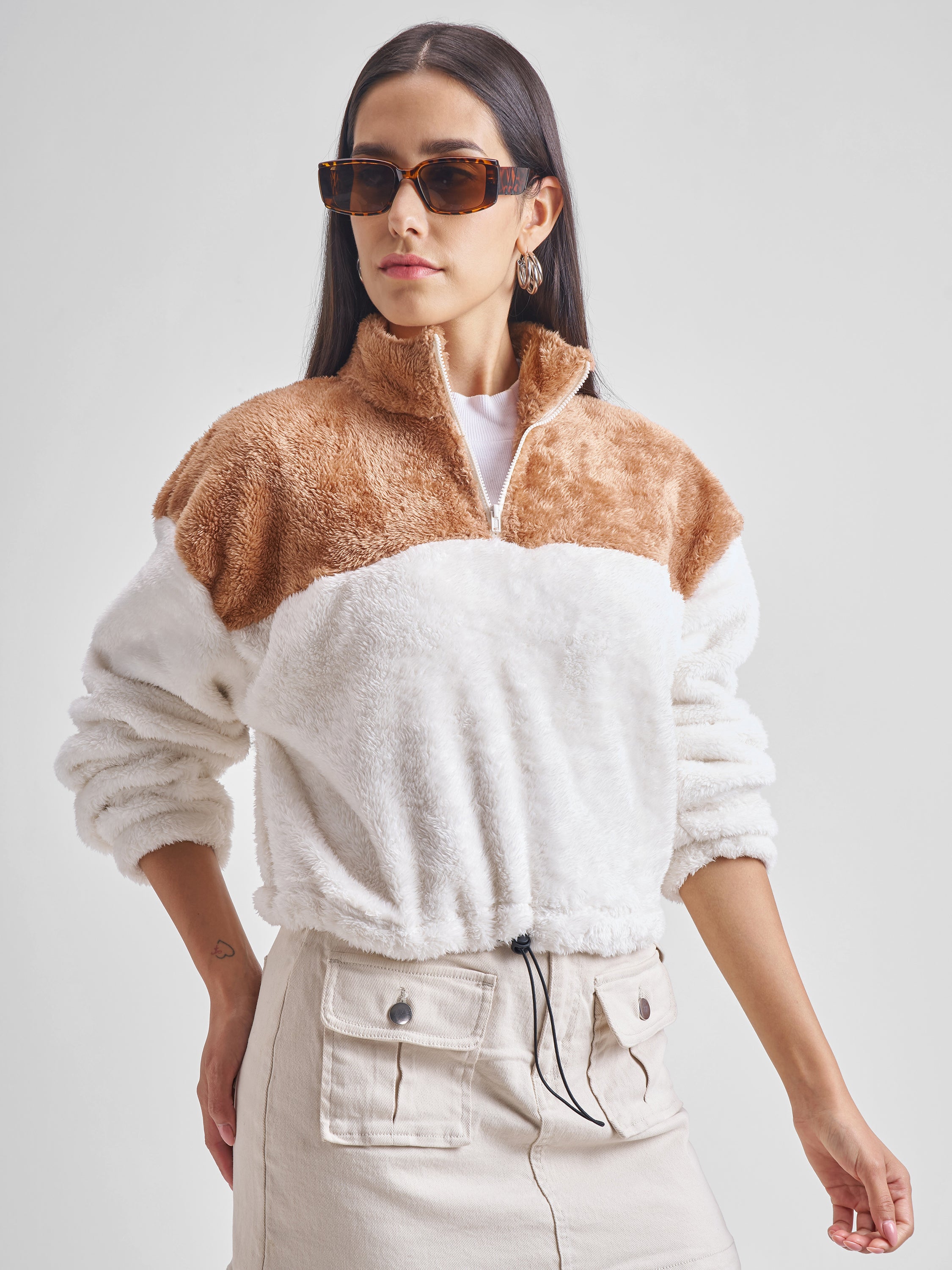 Tokyo Talkies Women White Solid Pullover High Neck Sweatshirt - White - Image 6