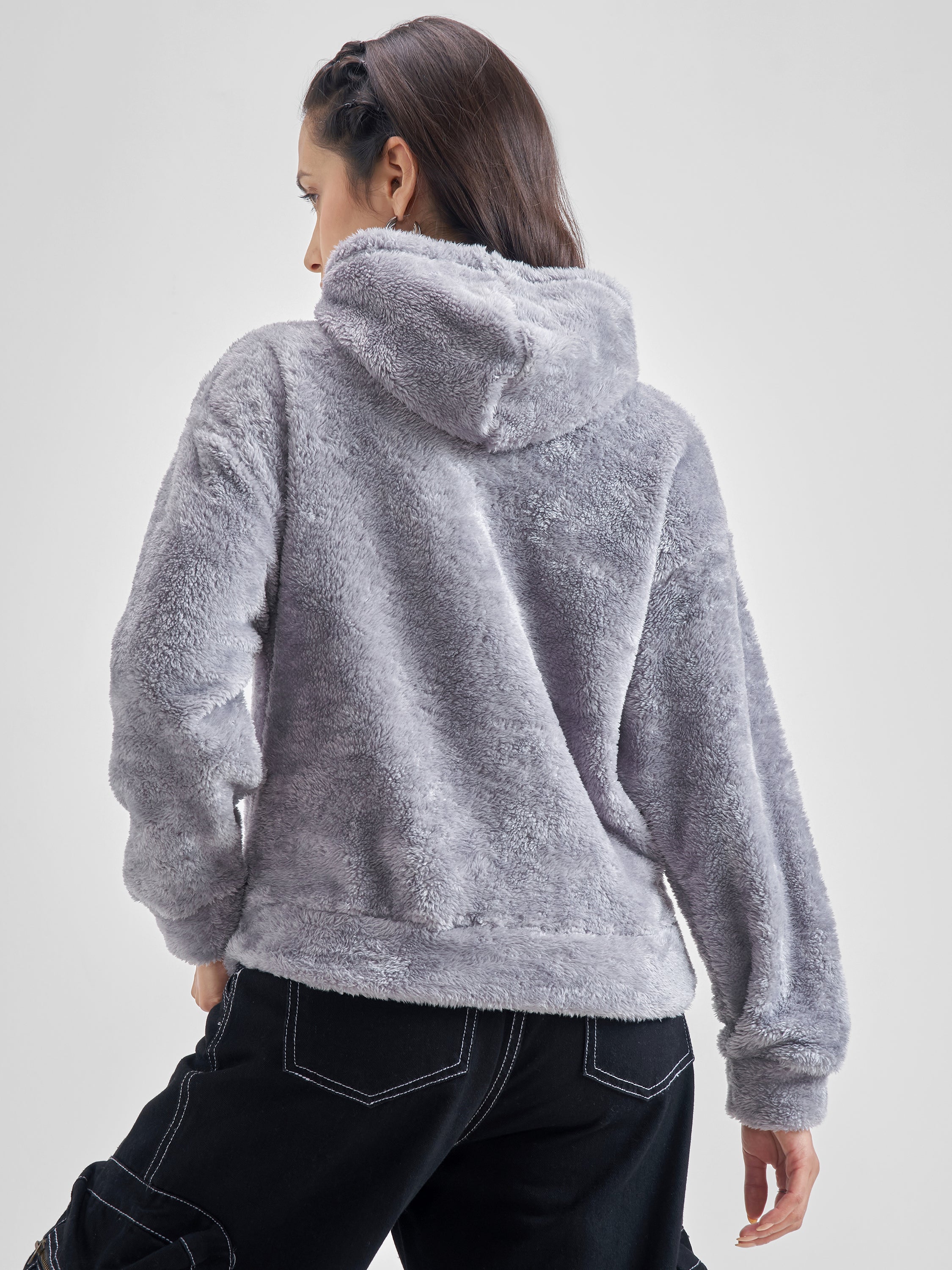 Tokyo Talkies Women Grey Solid Pullover Hood Sweatshirt - Grey - Image 3