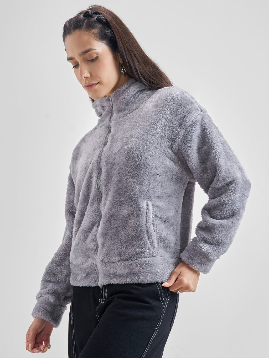 Tokyo Talkies Women Grey Solid Pullover Hood Sweatshirt - Grey - Image 4