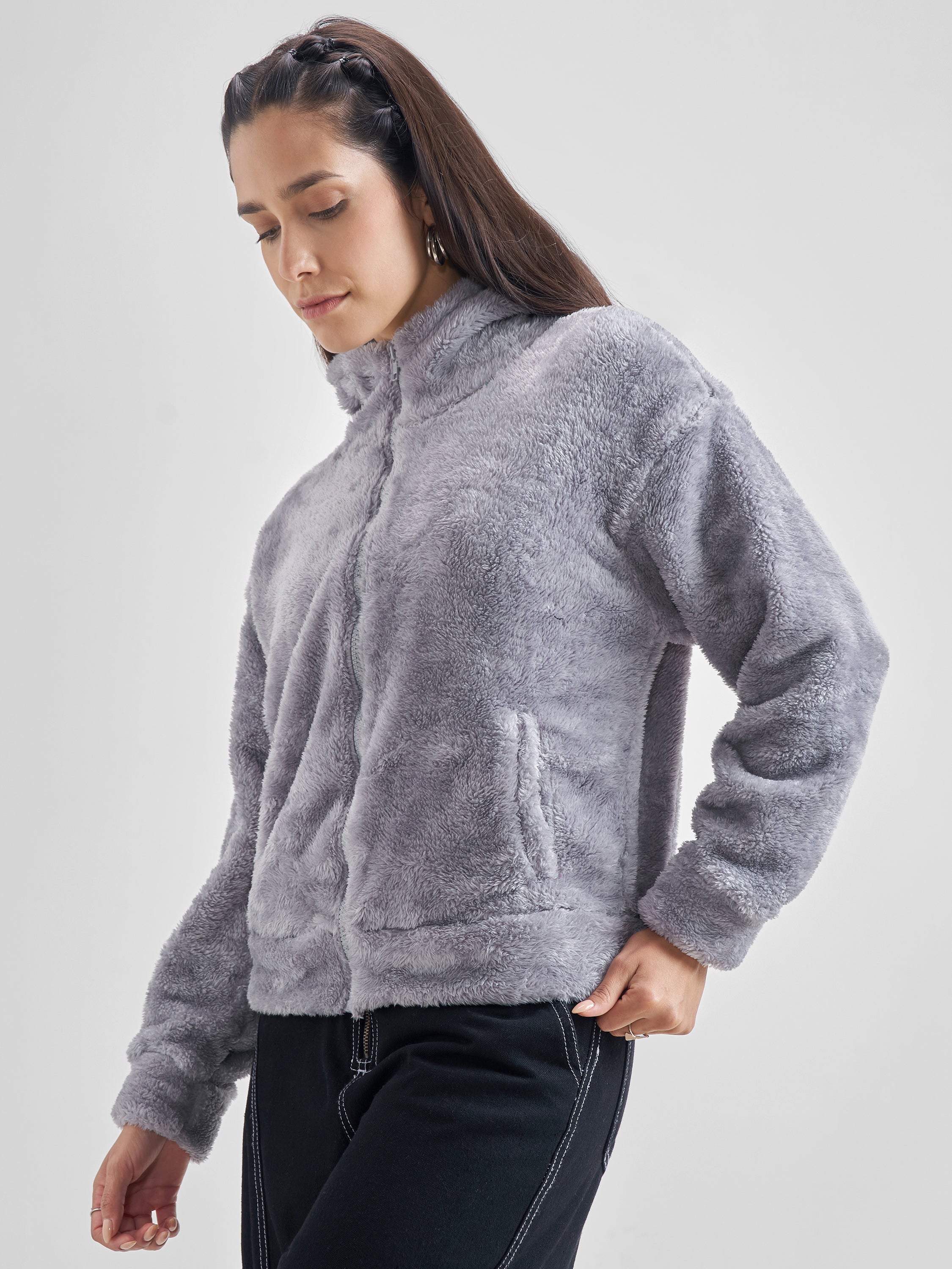 Tokyo Talkies Women Grey Solid Pullover Hood Sweatshirt - Grey - Image 4
