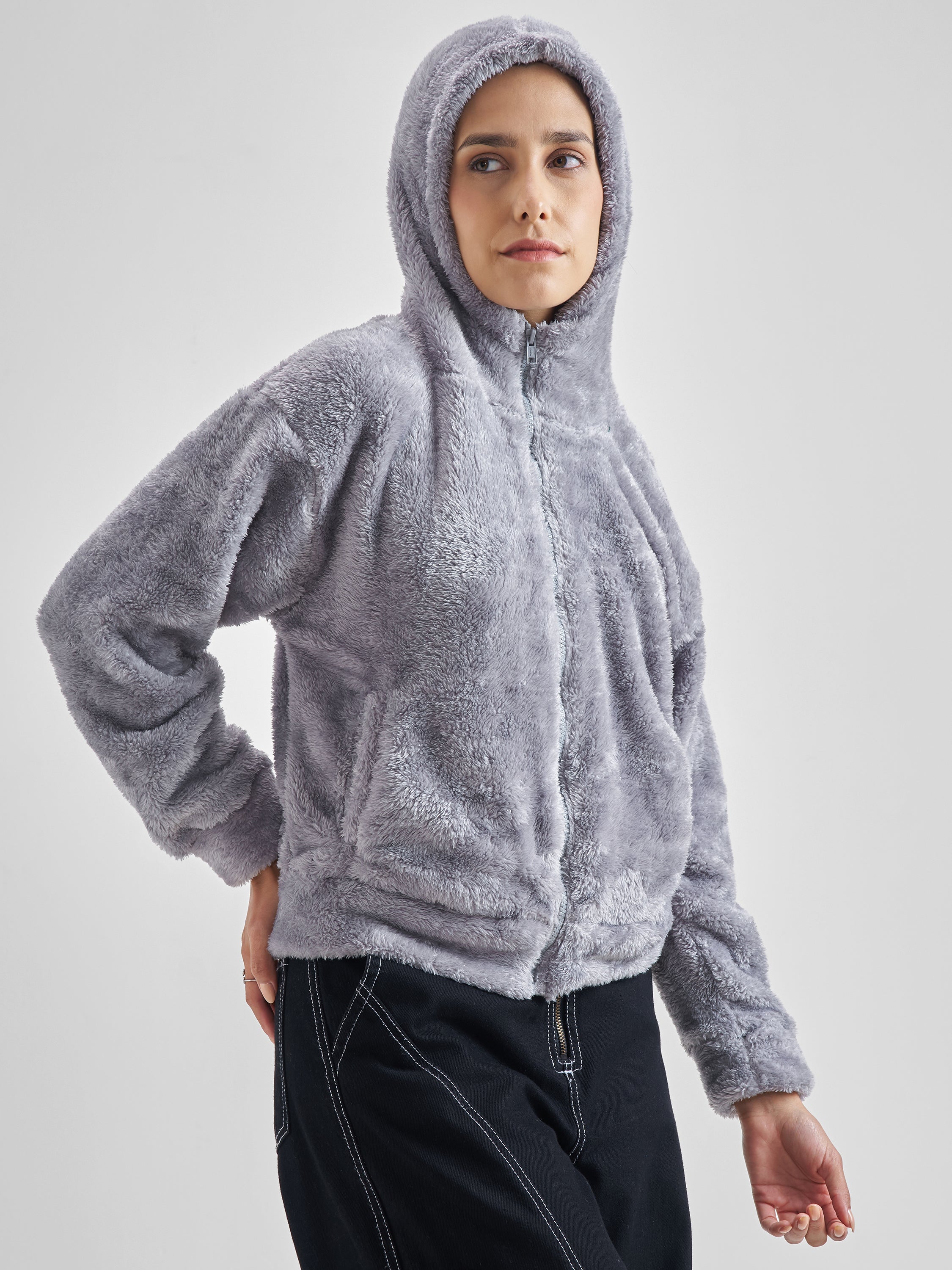 Tokyo Talkies Women Grey Solid Pullover Hood Sweatshirt - Grey - Image 6