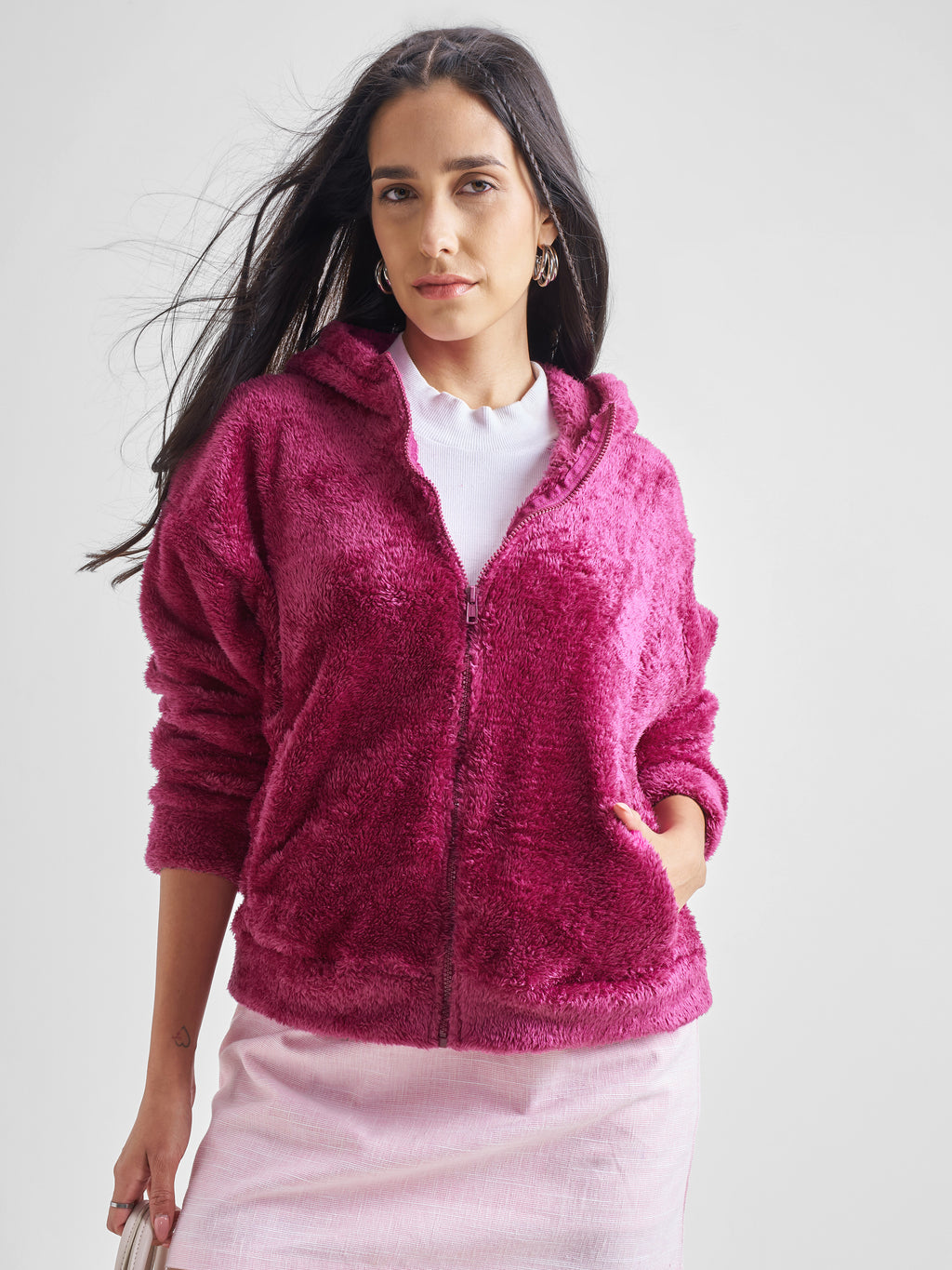 Tokyo Talkies Women Pink Solid Pullover Hood Sweatshirt - Pink - Image 1