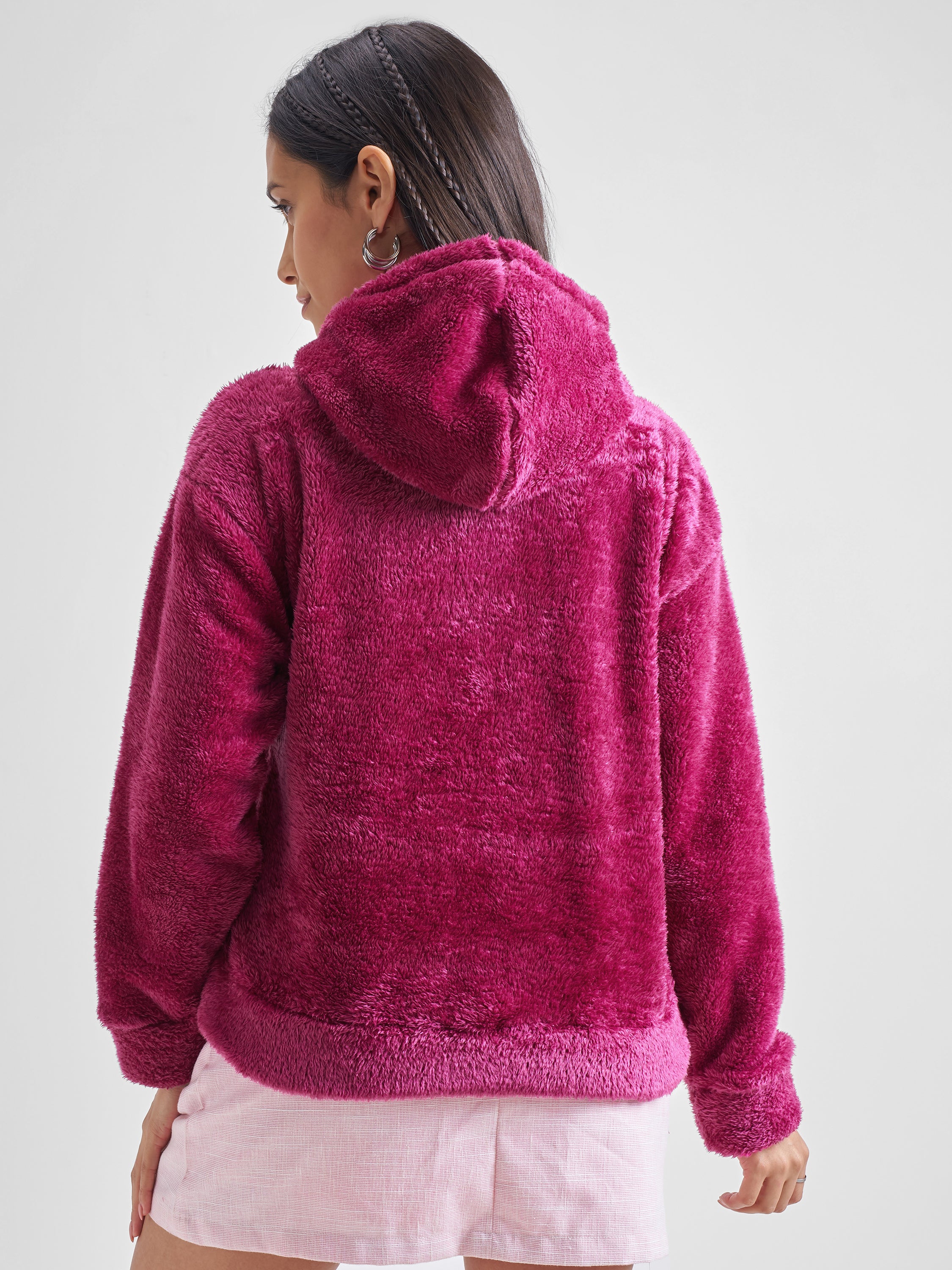 Tokyo Talkies Women Pink Solid Pullover Hood Sweatshirt - Pink - Image 3