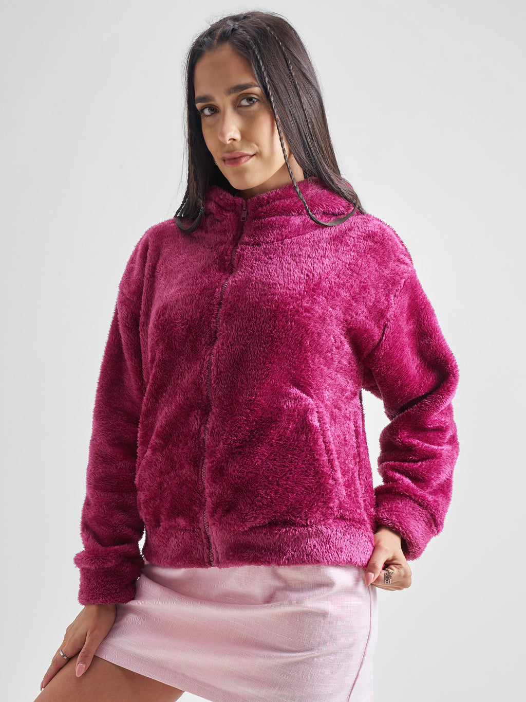 Tokyo Talkies Women Pink Solid Pullover Hood Sweatshirt - Pink - Image 4