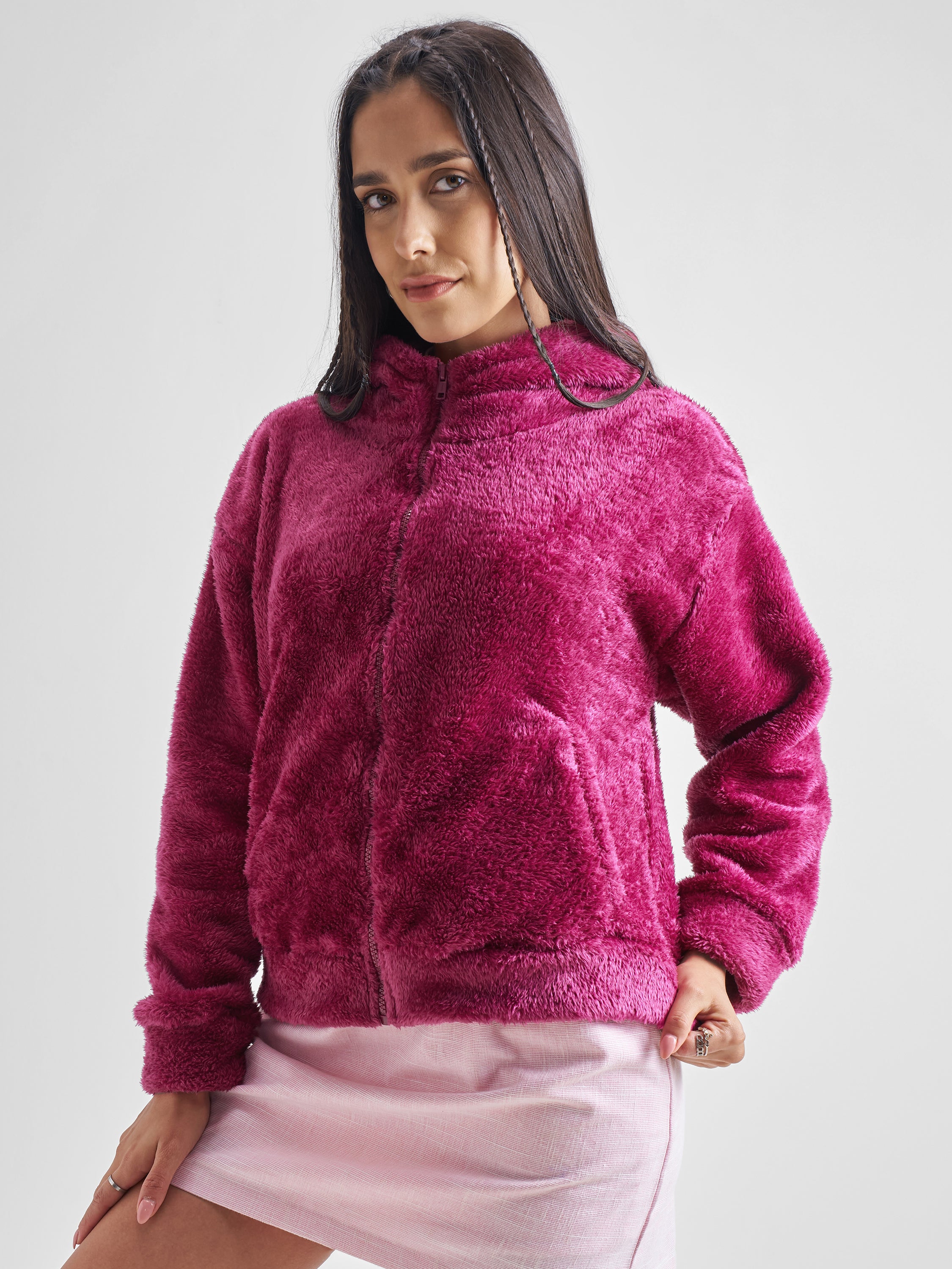Tokyo Talkies Women Pink Solid Pullover Hood Sweatshirt - Pink - Image 4