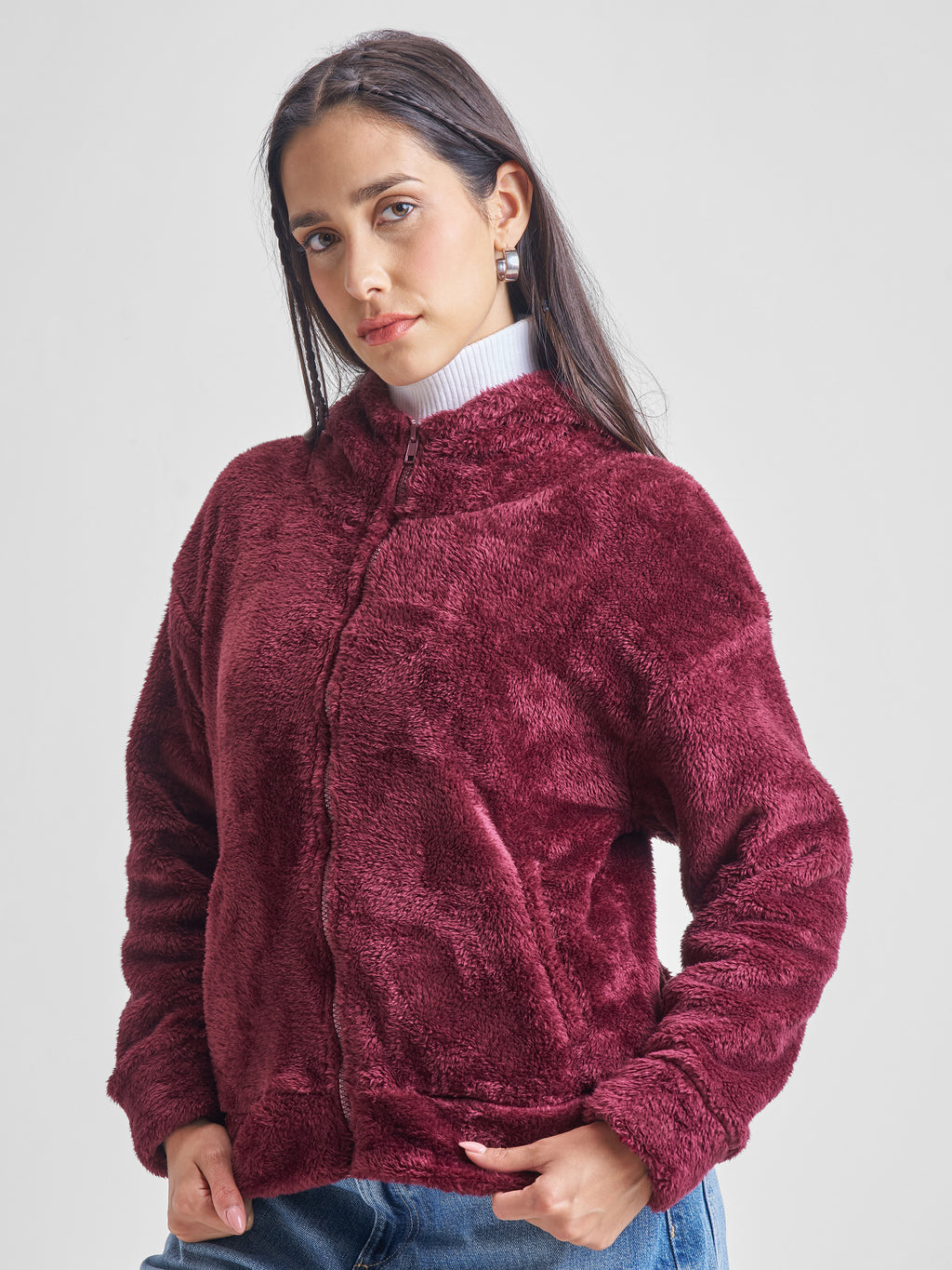 Tokyo Talkies Women Maroon Solid Pullover Hood Sweatshirt - Maroon - Image 4