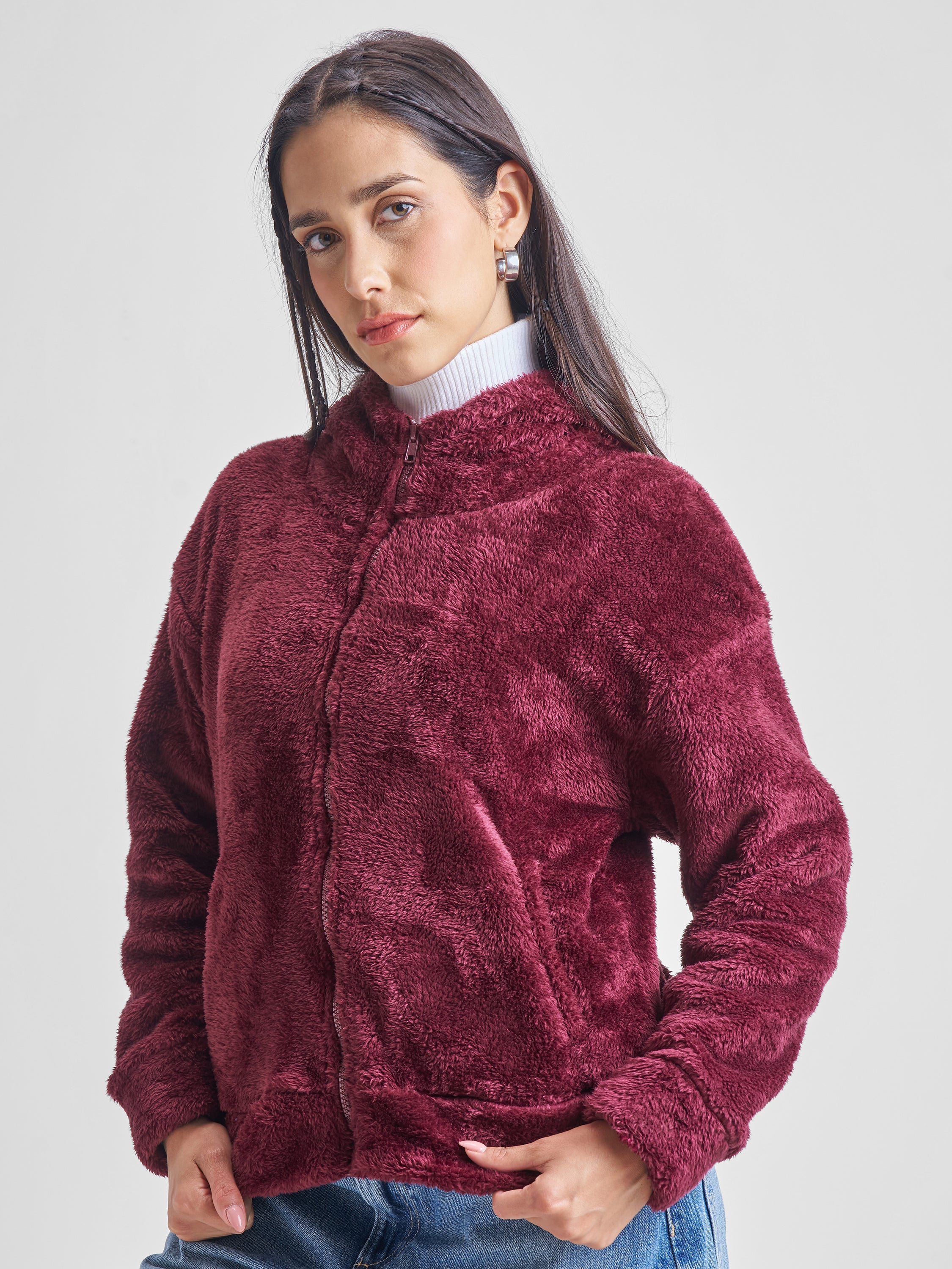 Tokyo Talkies Women Maroon Solid Pullover Hood Sweatshirt - Maroon - Image 4