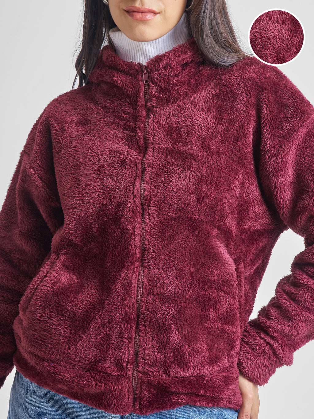Tokyo Talkies Women Maroon Solid Pullover Hood Sweatshirt - Maroon - Image 5