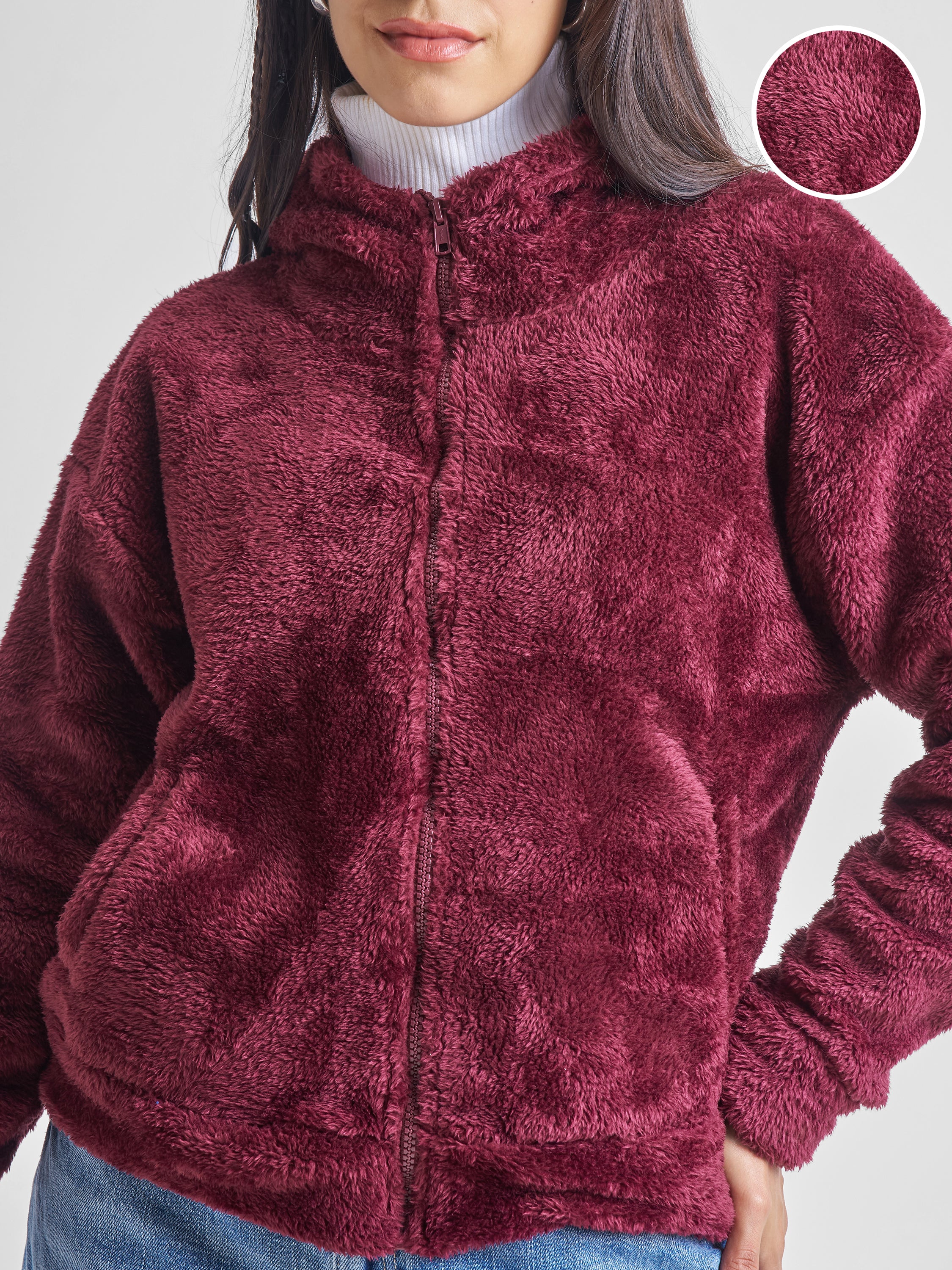 Tokyo Talkies Women Maroon Solid Pullover Hood Sweatshirt - Maroon - Image 5