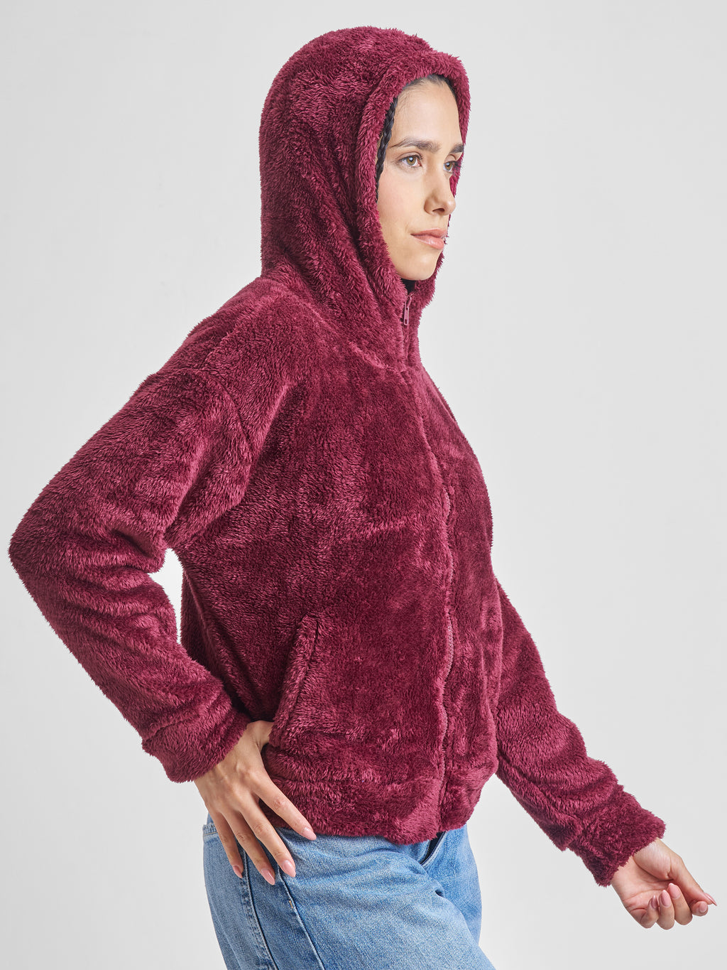 Tokyo Talkies Women Maroon Solid Pullover Hood Sweatshirt - Maroon - Image 6