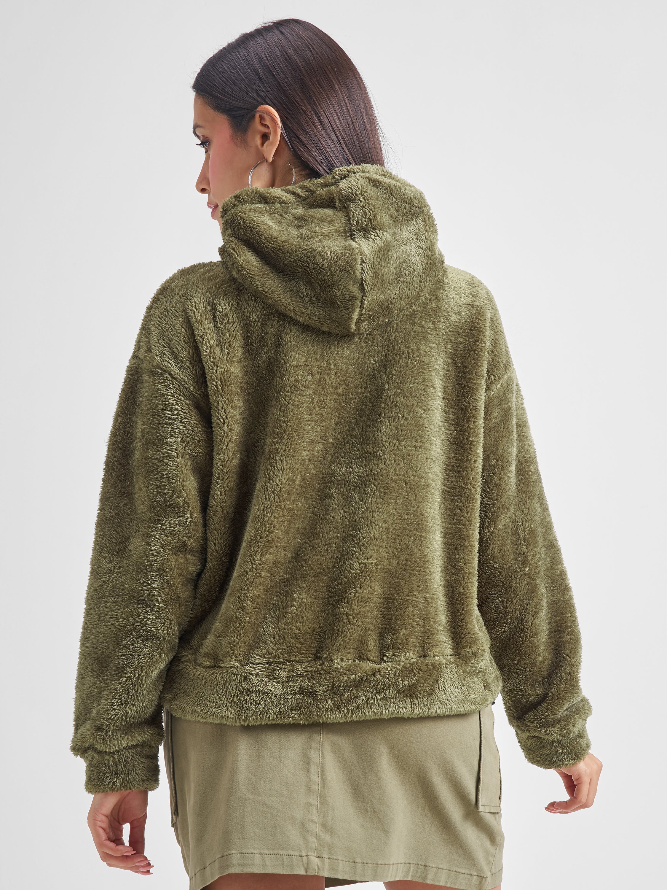 Tokyo Talkies Women Green Solid Pullover Hood Sweatshirt - Green - Image 3