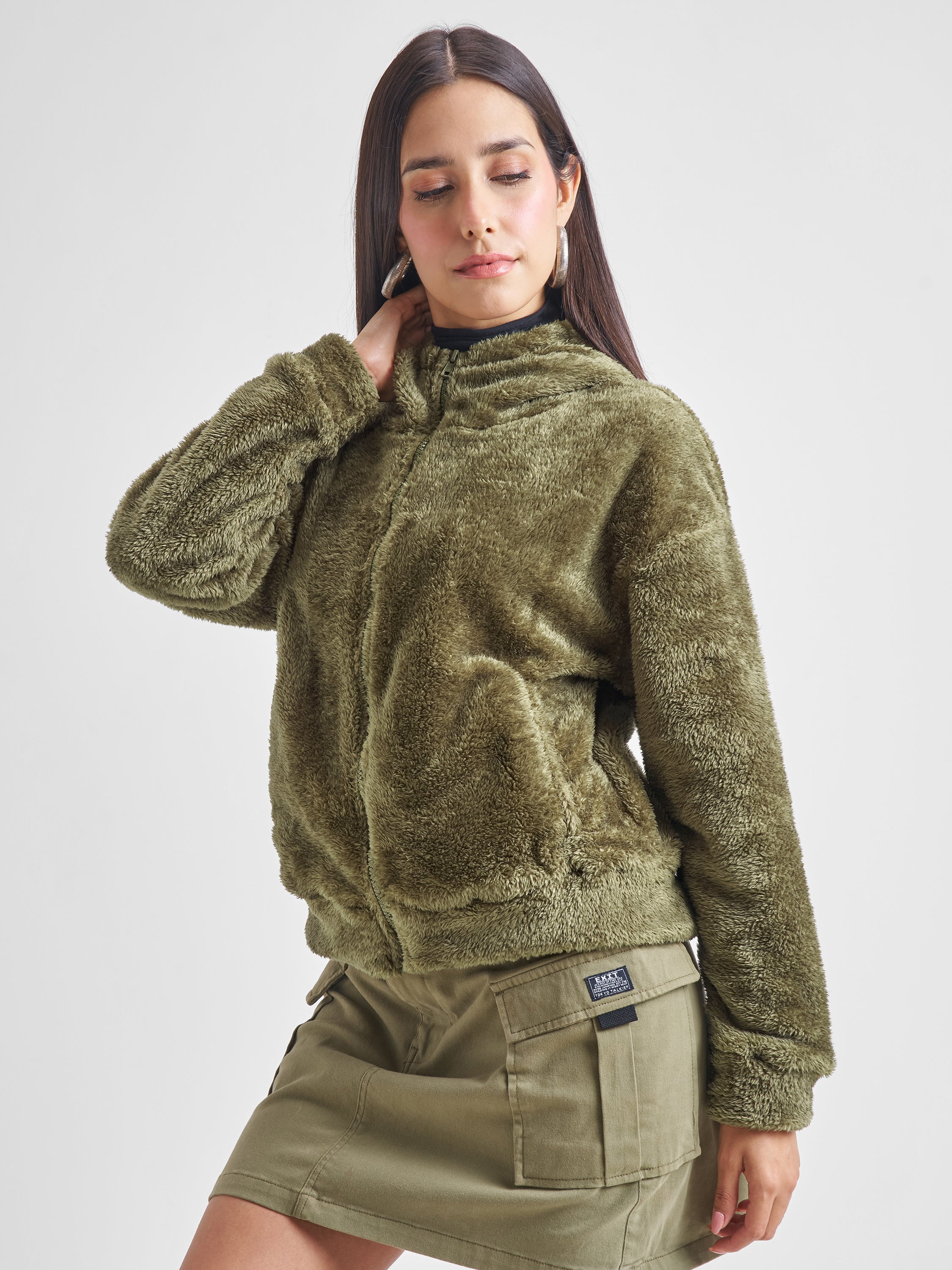 Tokyo Talkies Women Green Solid Pullover Hood Sweatshirt - Green - Image 4