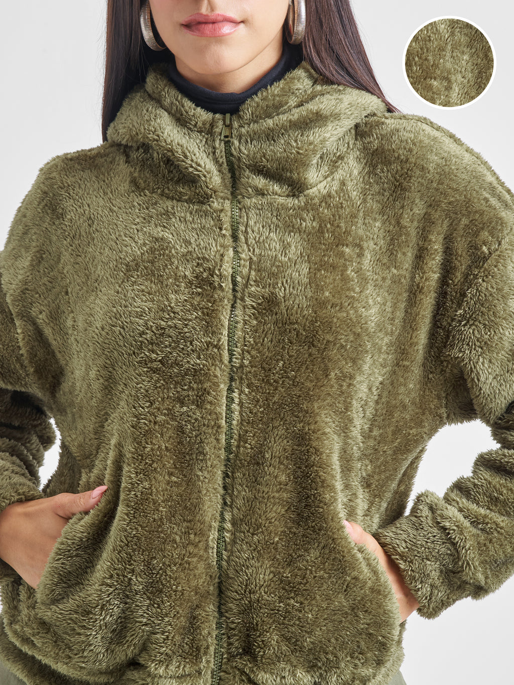 Tokyo Talkies Women Green Solid Pullover Hood Sweatshirt - Green - Image 5