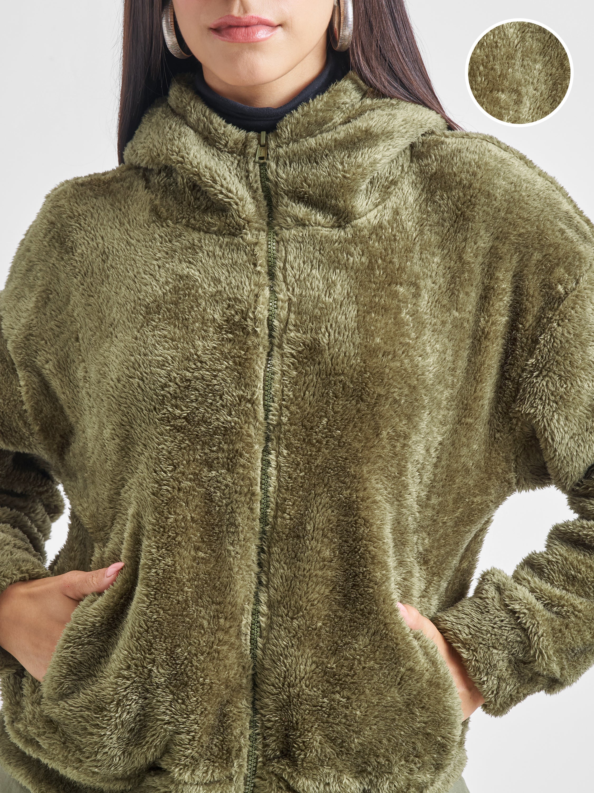 Tokyo Talkies Women Green Solid Pullover Hood Sweatshirt - Green - Image 5
