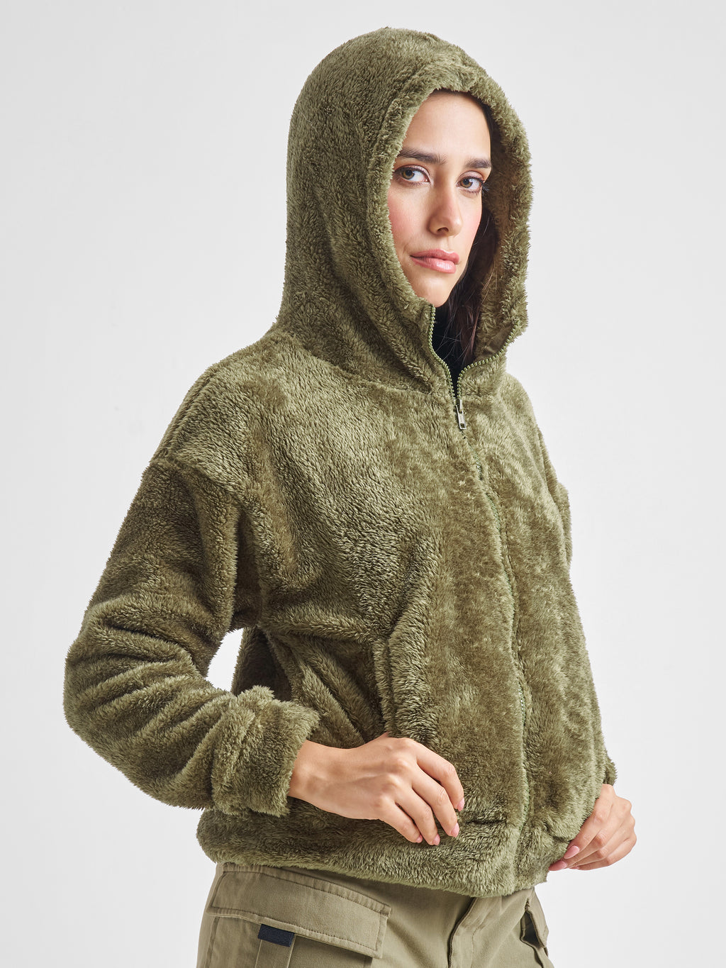 Tokyo Talkies Women Green Solid Pullover Hood Sweatshirt - Green - Image 6