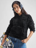 Tokyo Talkies Women Black Solid Pullover Hood Sweatshirt - Black - Image 1