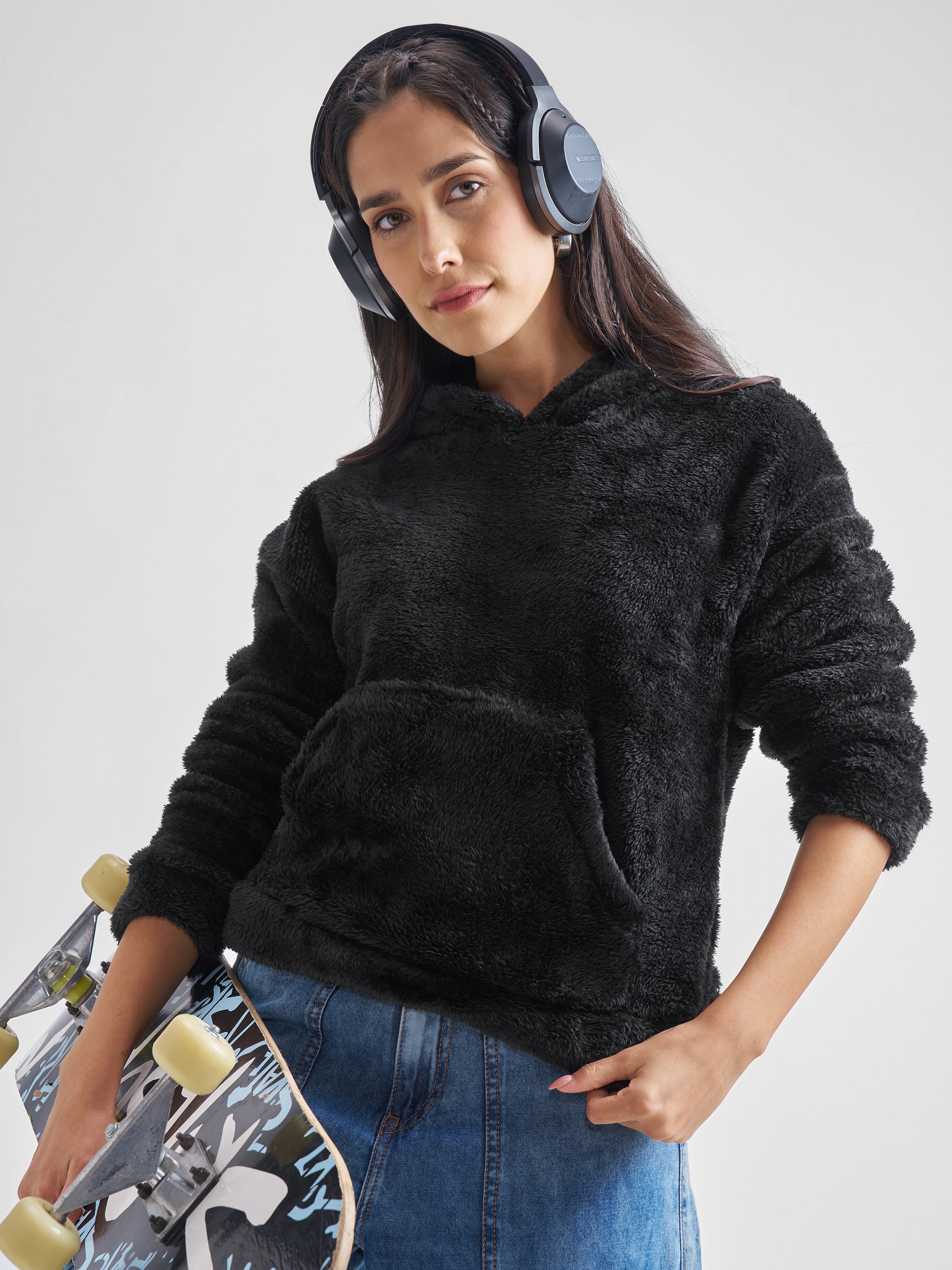 Tokyo Talkies Women Black Solid Pullover Hood Sweatshirt - Black - Image 1