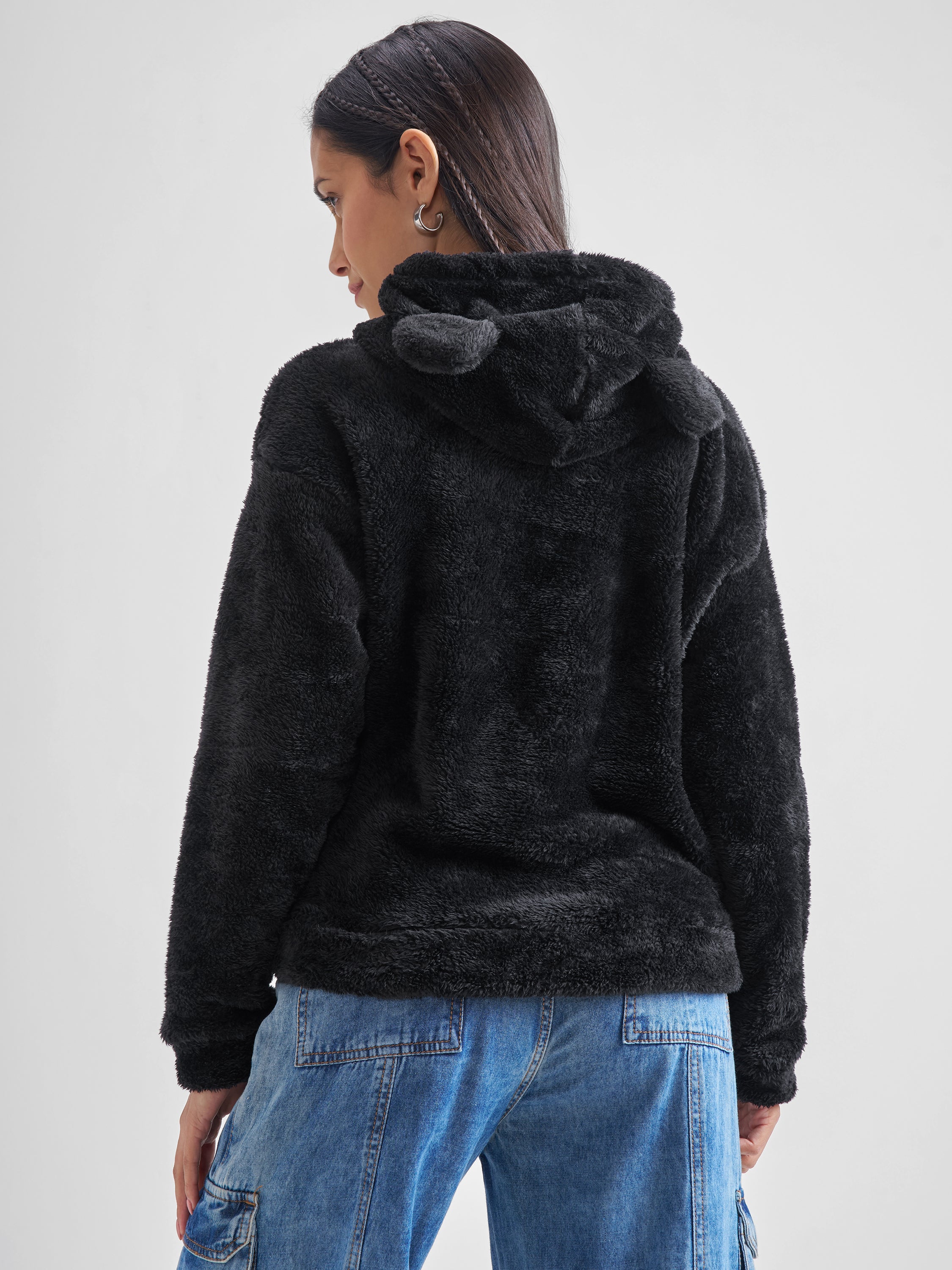 Tokyo Talkies Women Black Solid Pullover Hood Sweatshirt - Black - Image 3