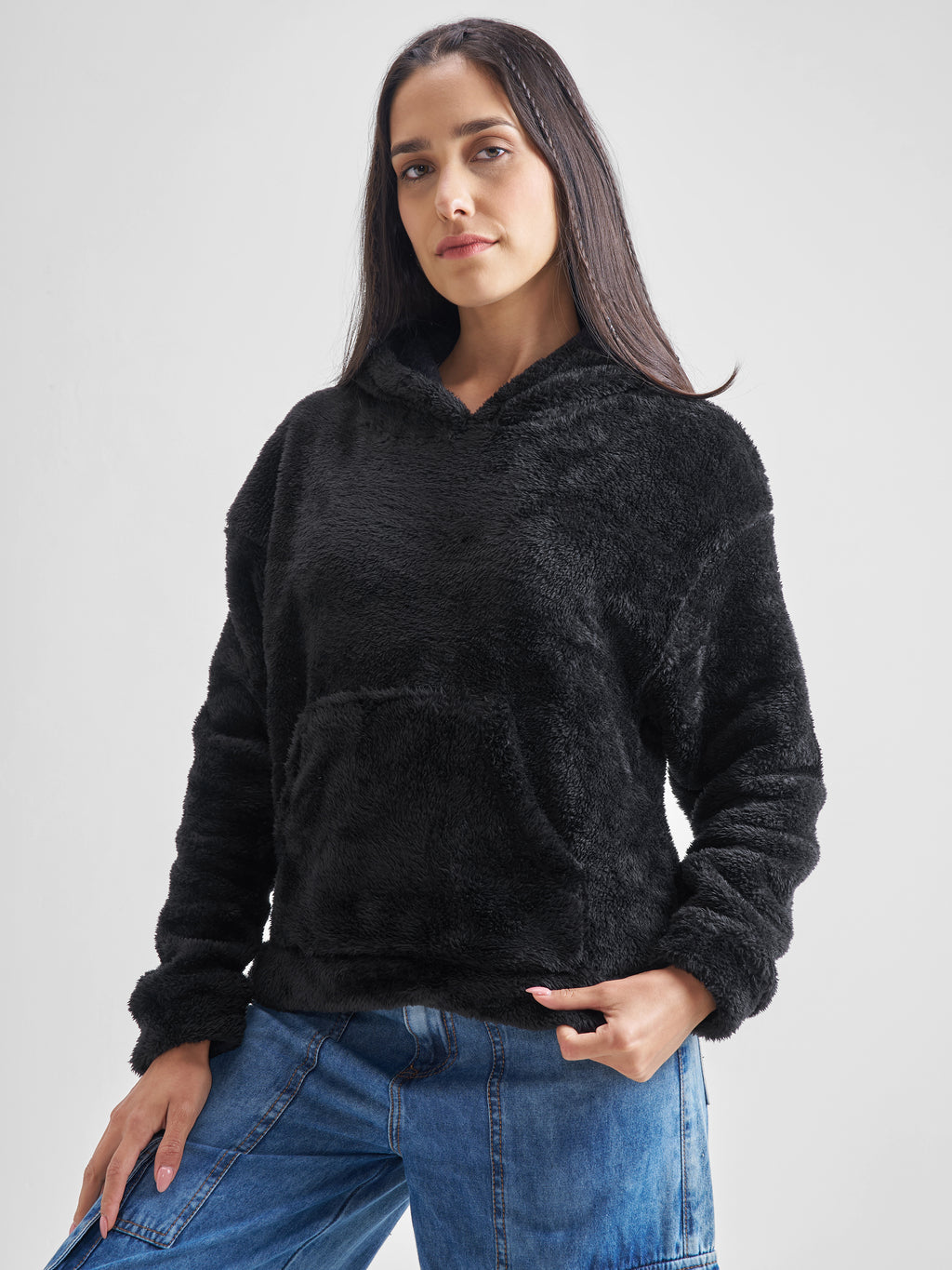 Tokyo Talkies Women Black Solid Pullover Hood Sweatshirt - Black - Image 4