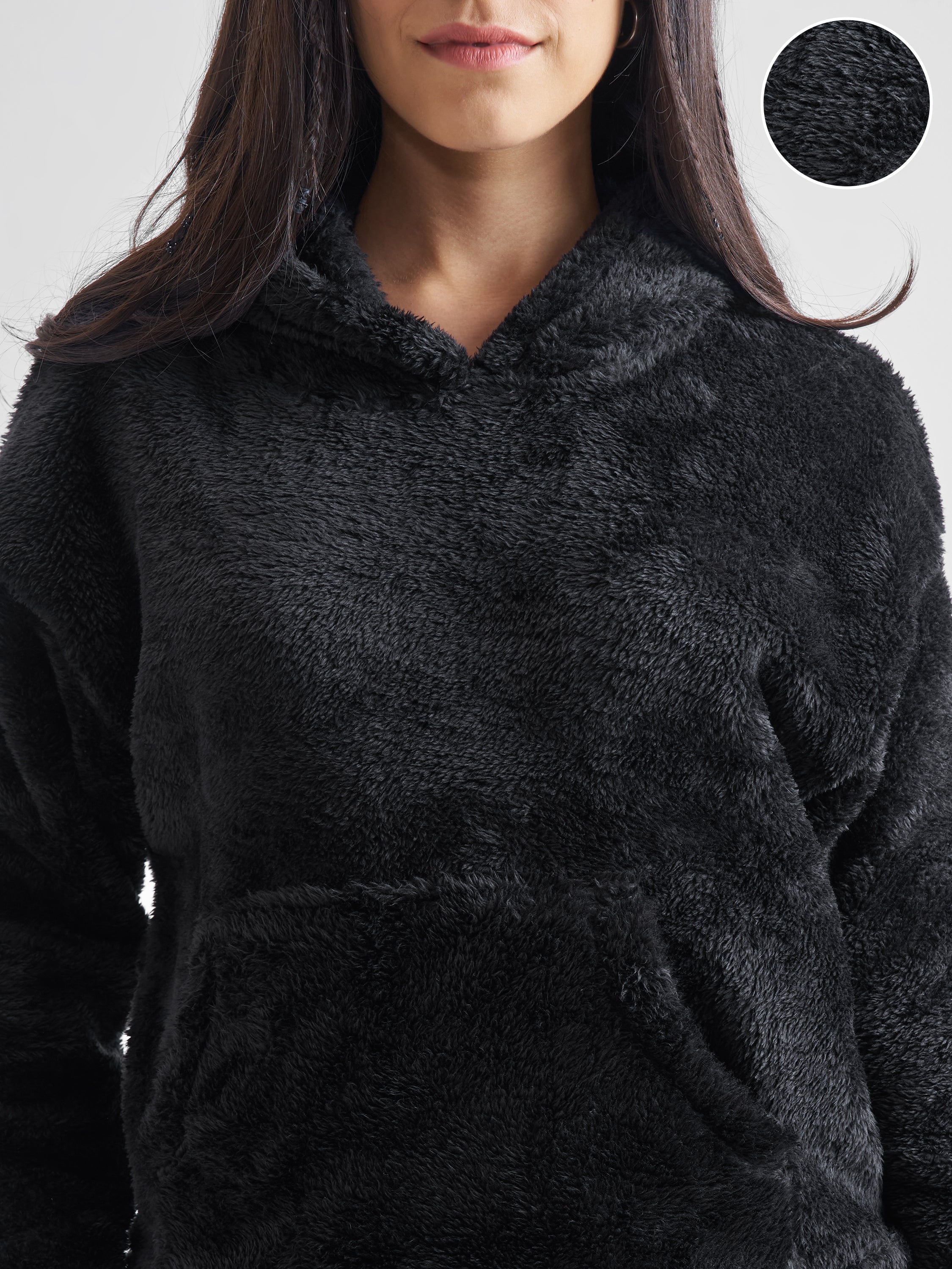 Tokyo Talkies Women Black Solid Pullover Hood Sweatshirt - Black - Image 5