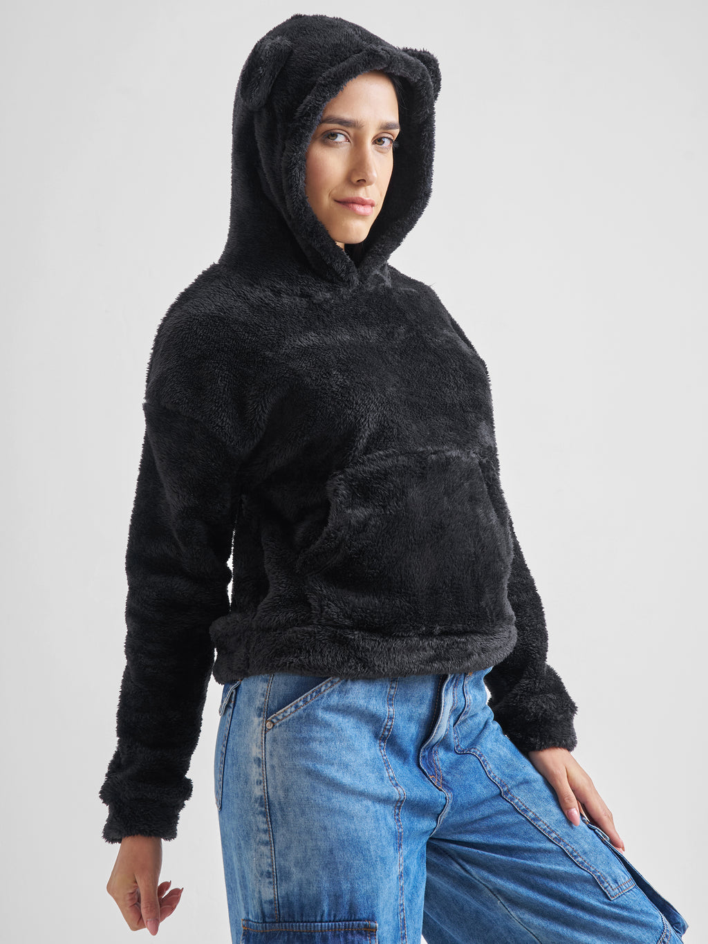Tokyo Talkies Women Black Solid Pullover Hood Sweatshirt - Black - Image 6