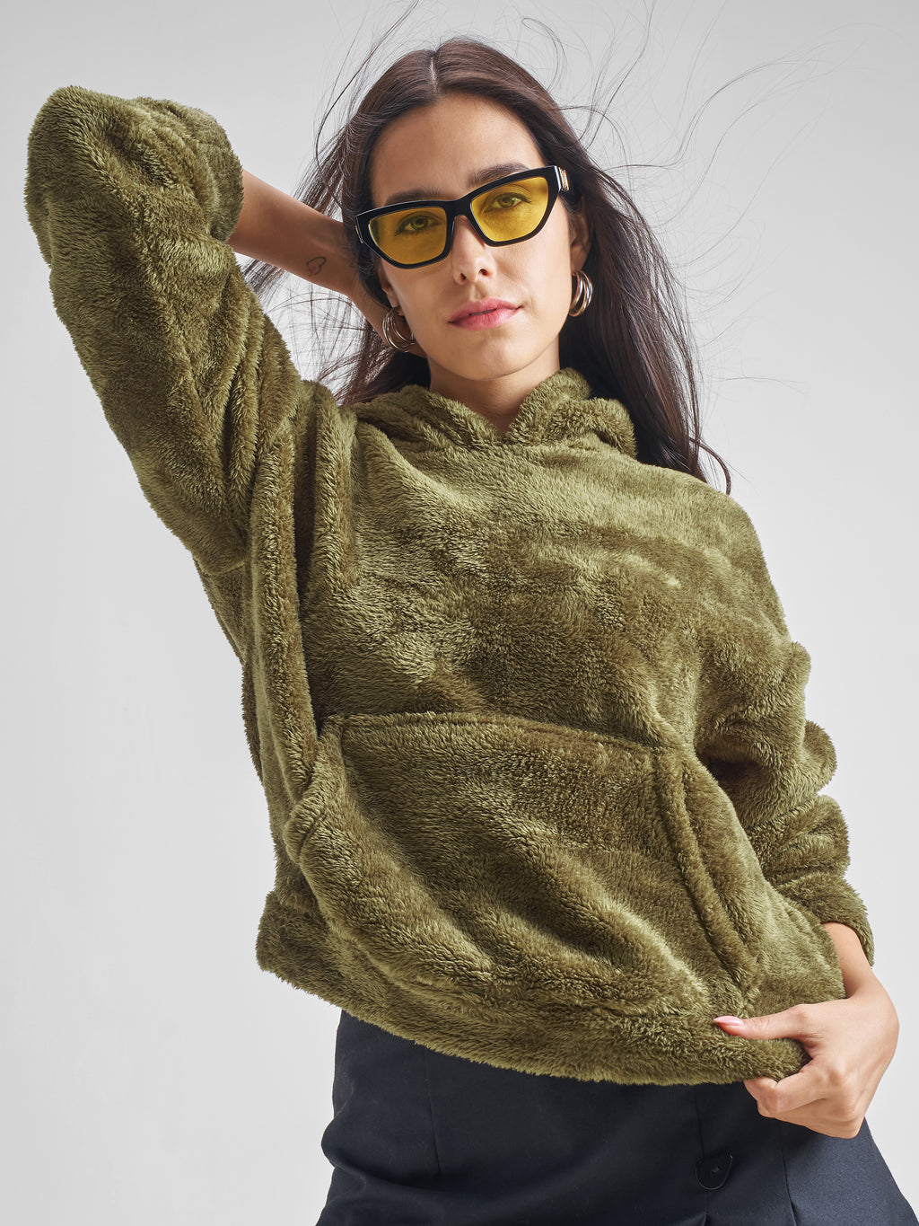 Tokyo Talkies Women Green Solid Pullover Hood Sweatshirt - Green - Image 1