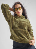 Tokyo Talkies Women Green Solid Pullover Hood Sweatshirt - Green - Image 1