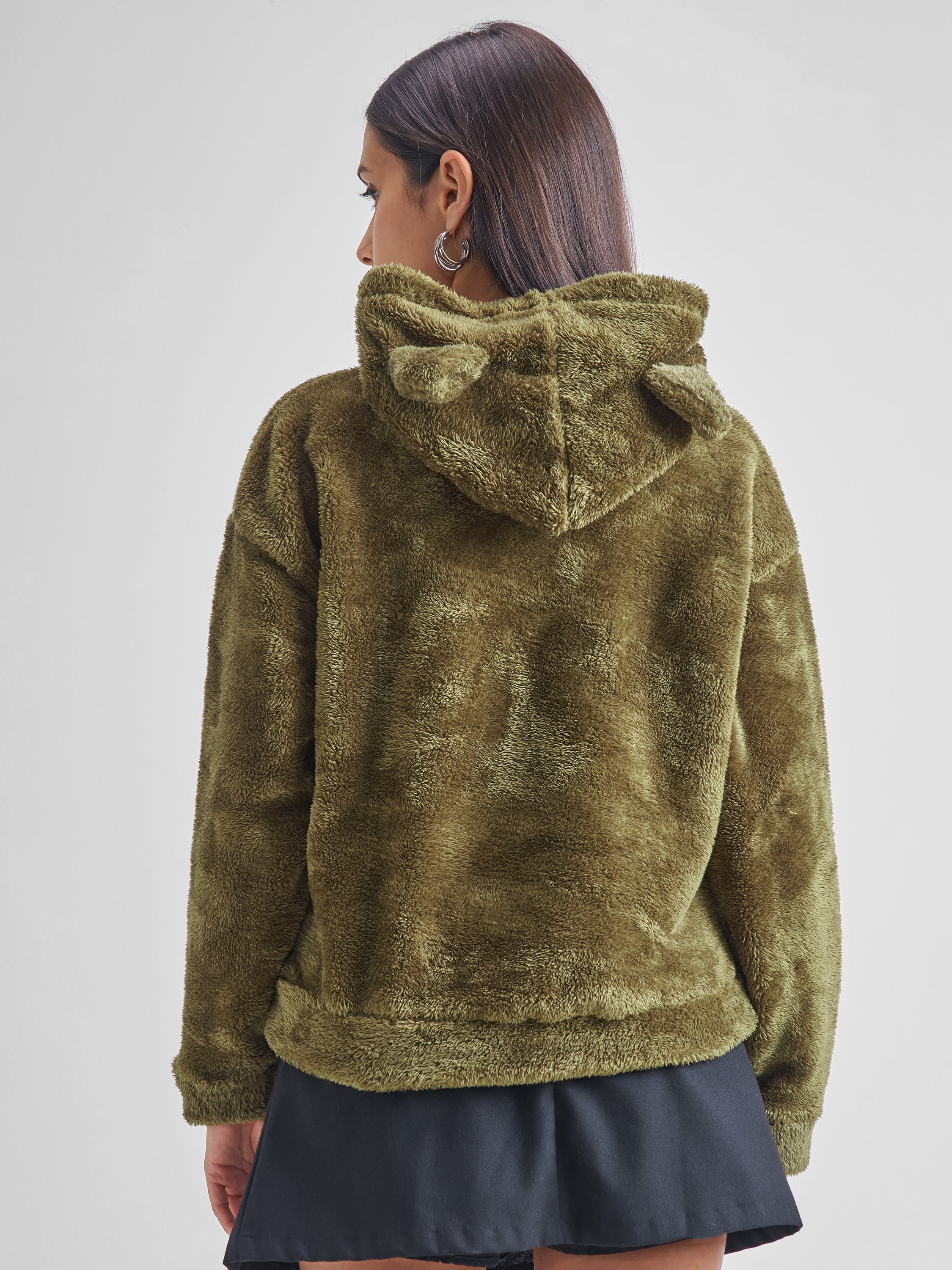 Tokyo Talkies Women Green Solid Pullover Hood Sweatshirt - Green - Image 3