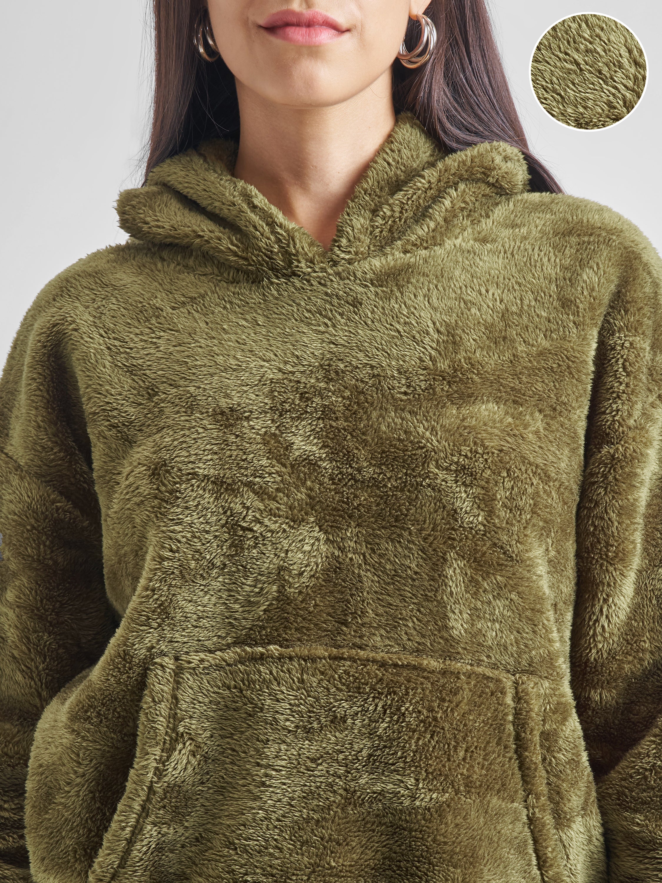 Tokyo Talkies Women Green Solid Pullover Hood Sweatshirt - Green - Image 5