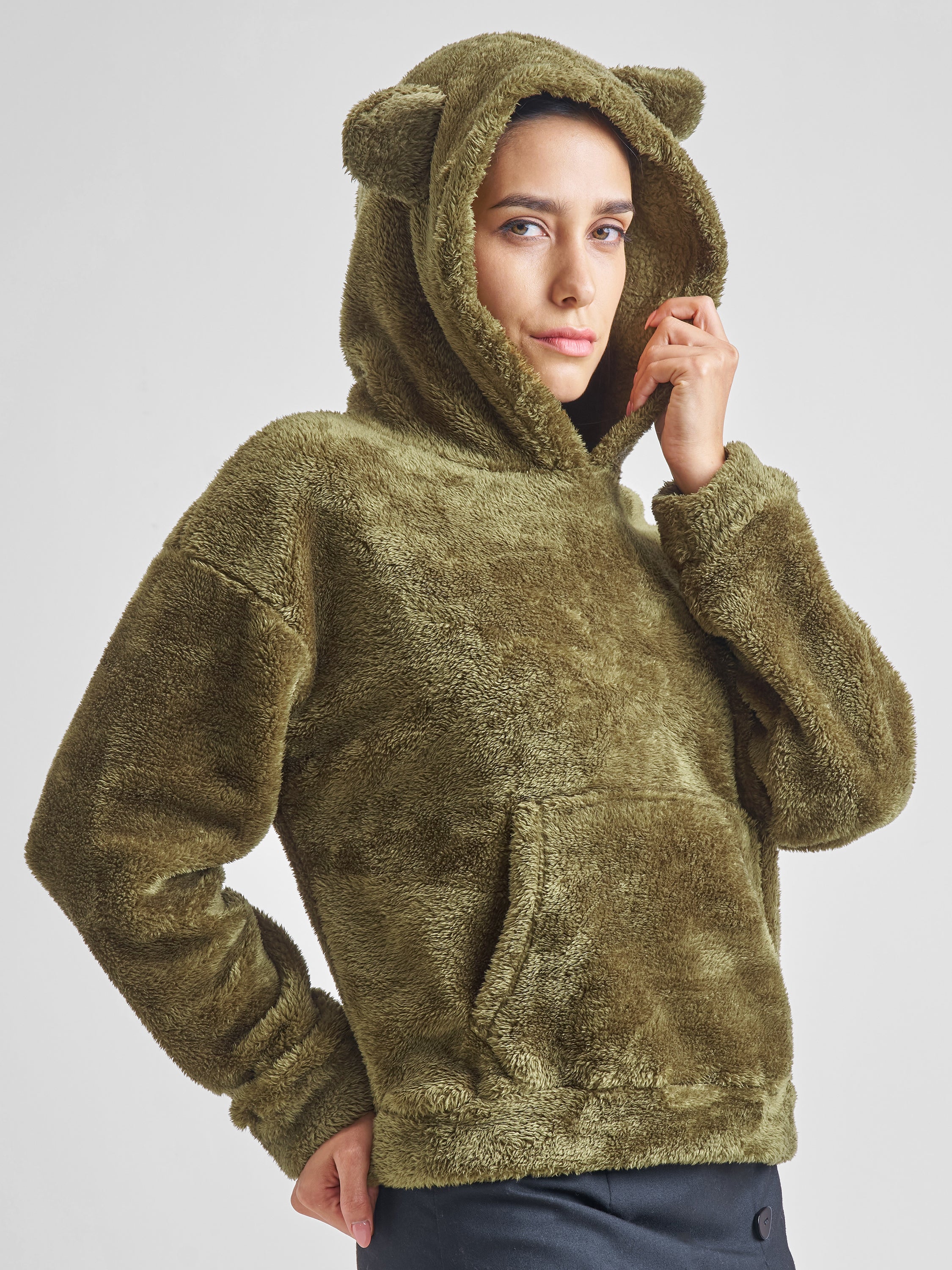 Tokyo Talkies Women Green Solid Pullover Hood Sweatshirt - Green - Image 6