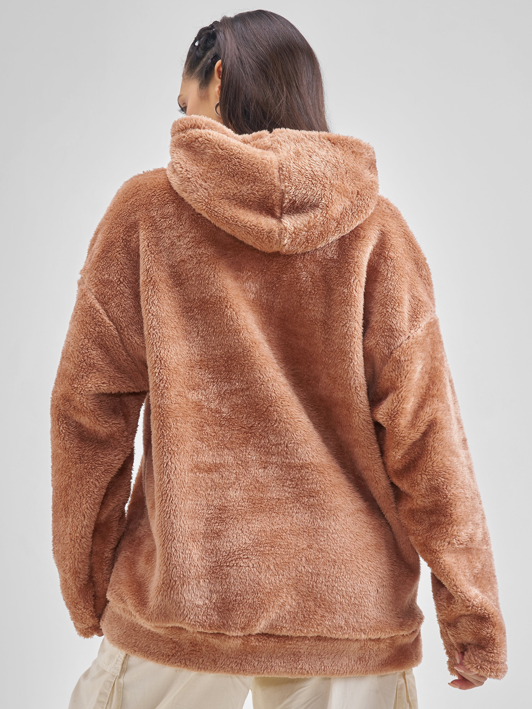 Tokyo Talkies Women Brown Solid Pullover Hood Sweatshirt - Brown - Image 3